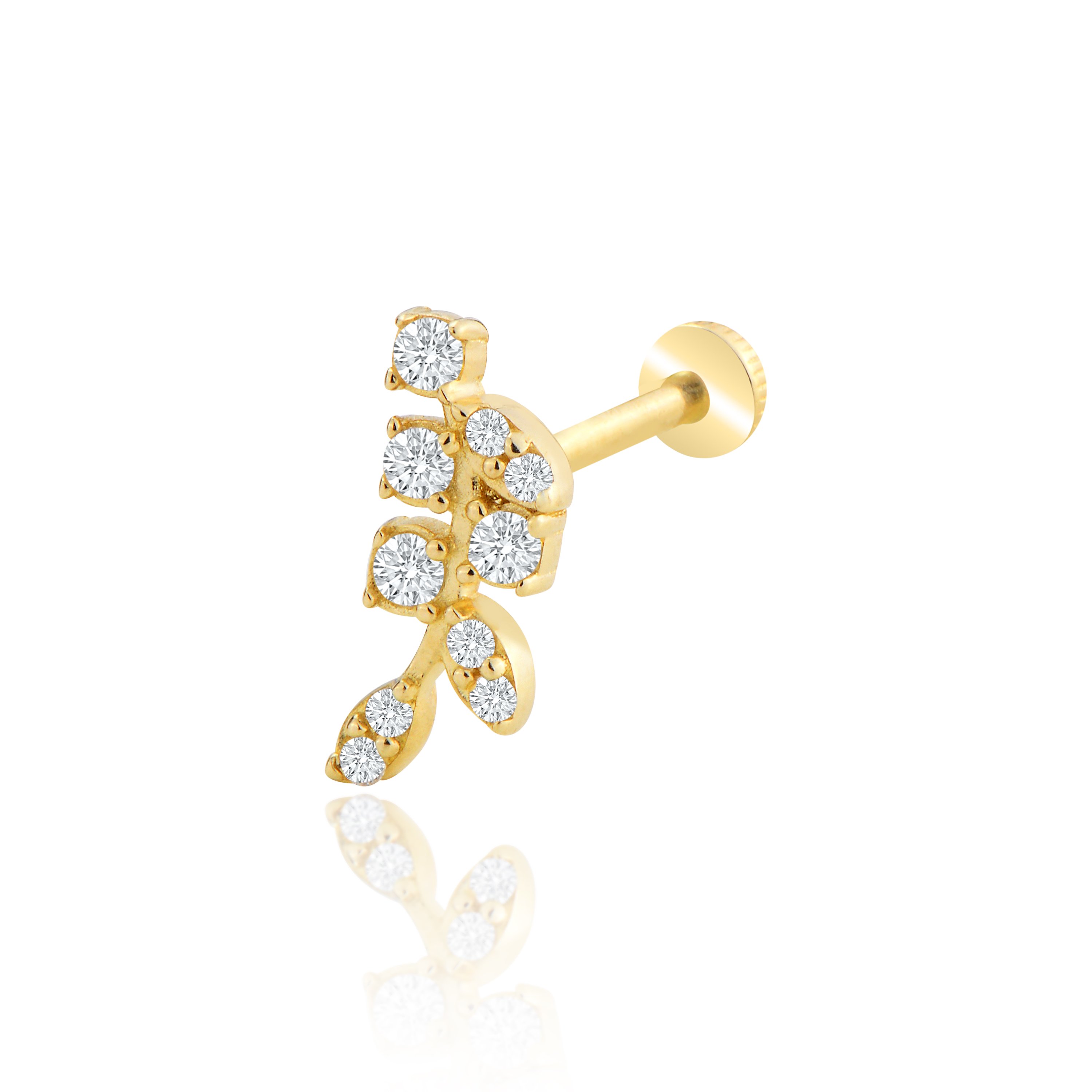 Taşlı dal model tragus piercing - sarı altın