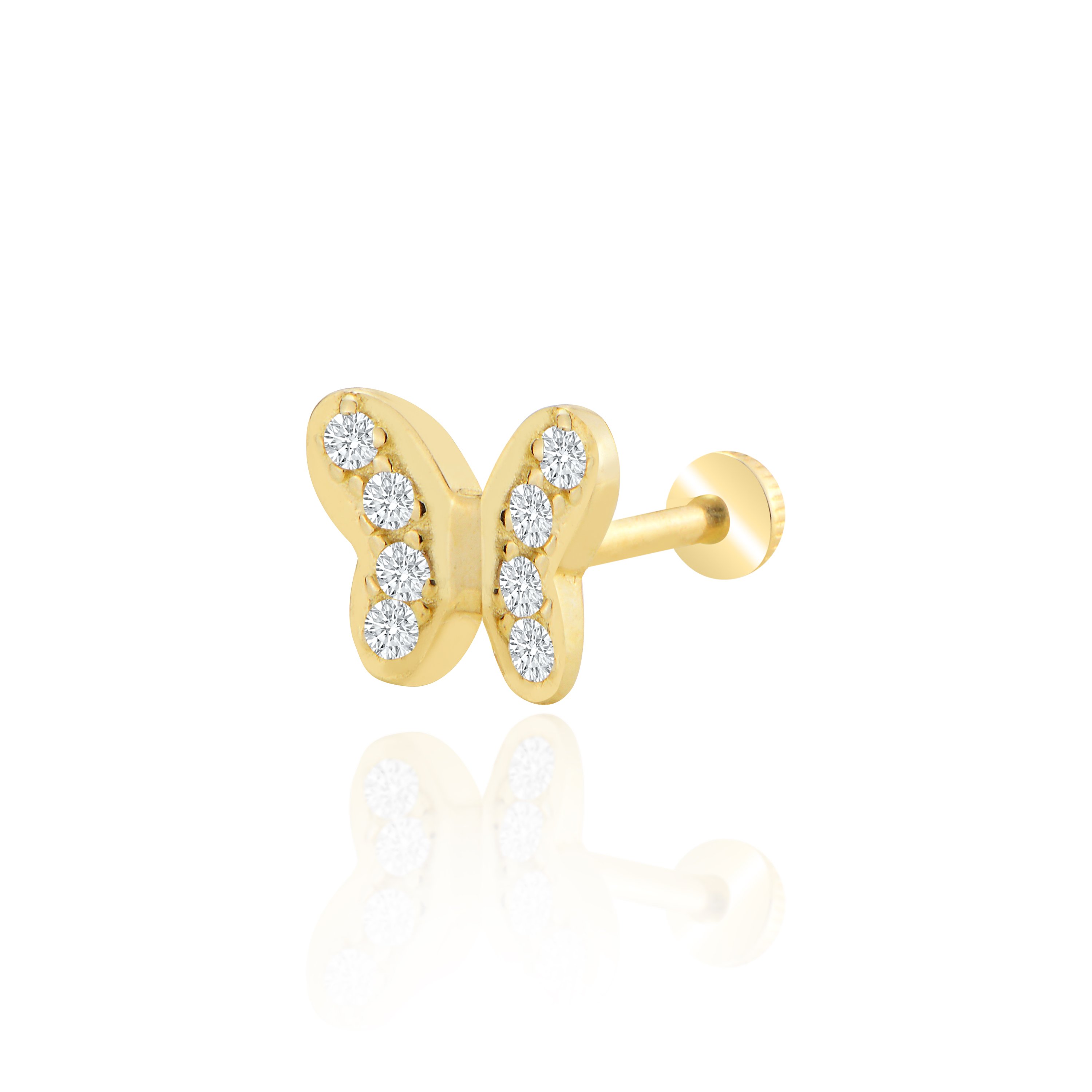 Taşlı kelebek model tragus piercing - sarı altın