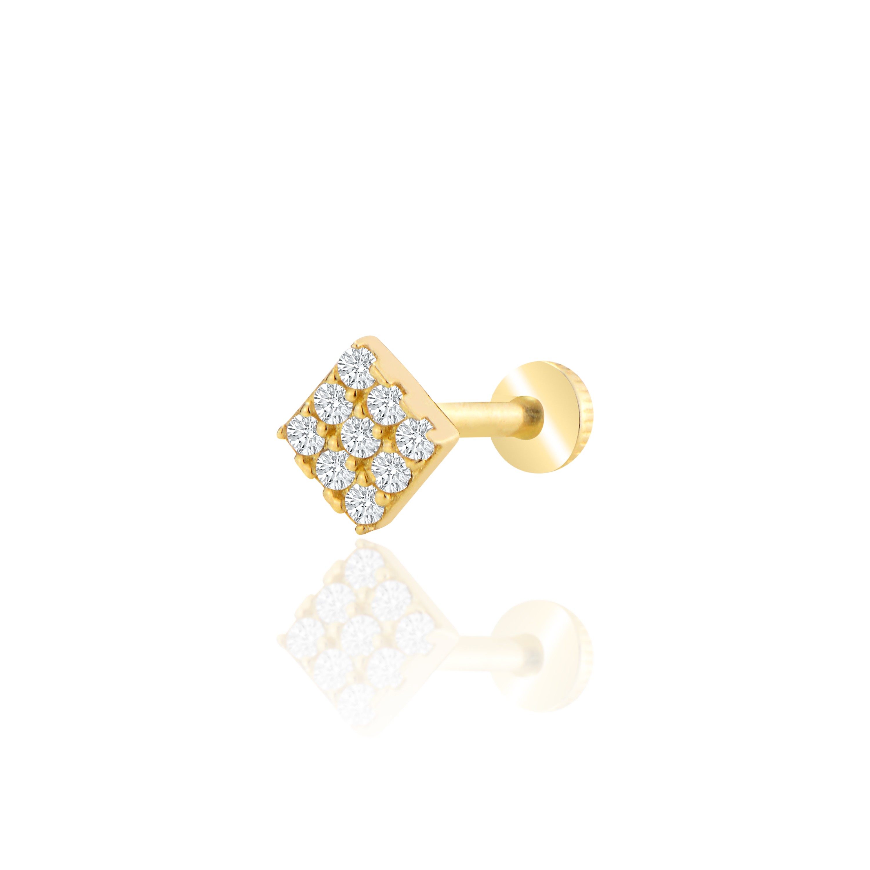 Çapraz kare taşlı tragus piercing - sarı altın