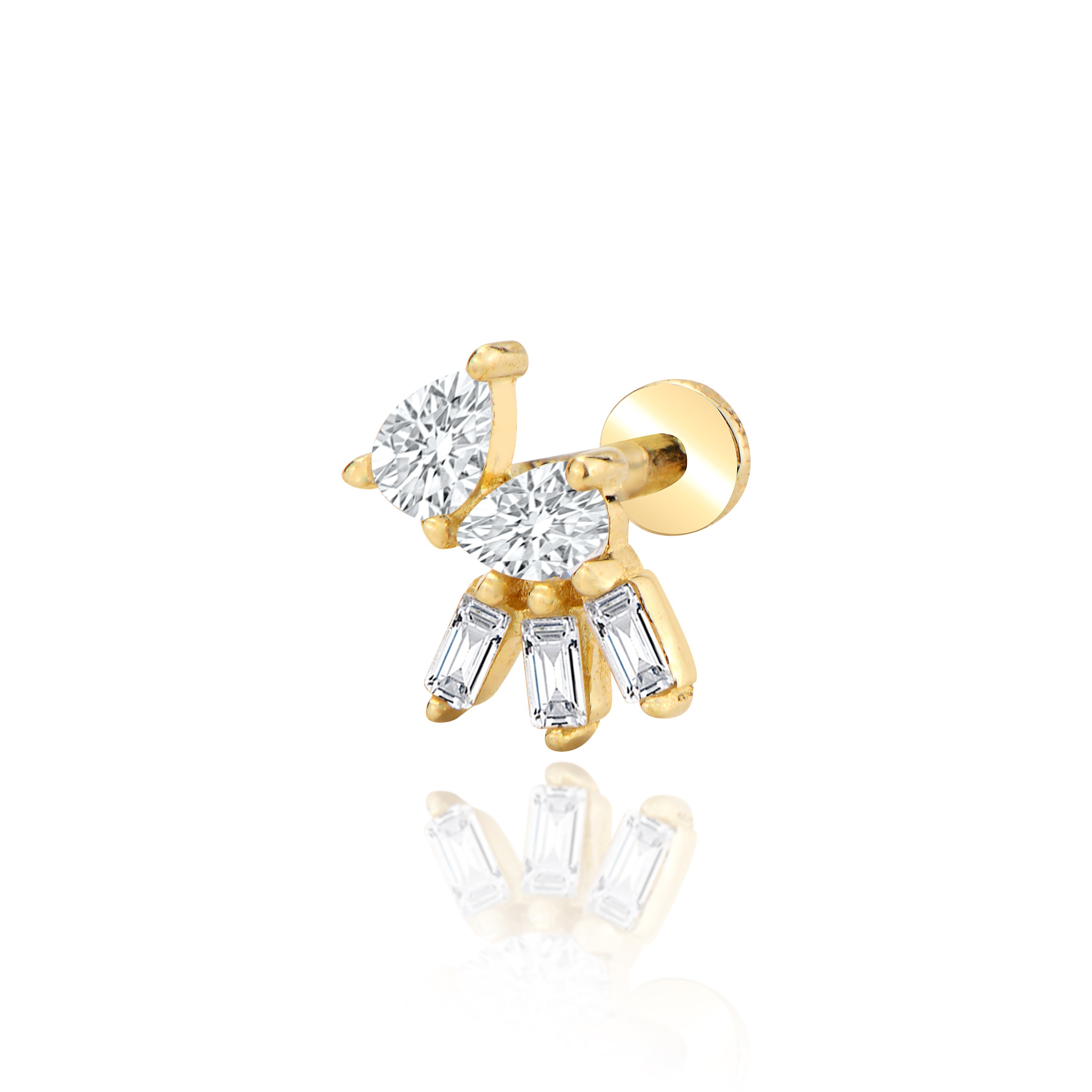Tasarım baget taşlı tragus piercing - sarı altın