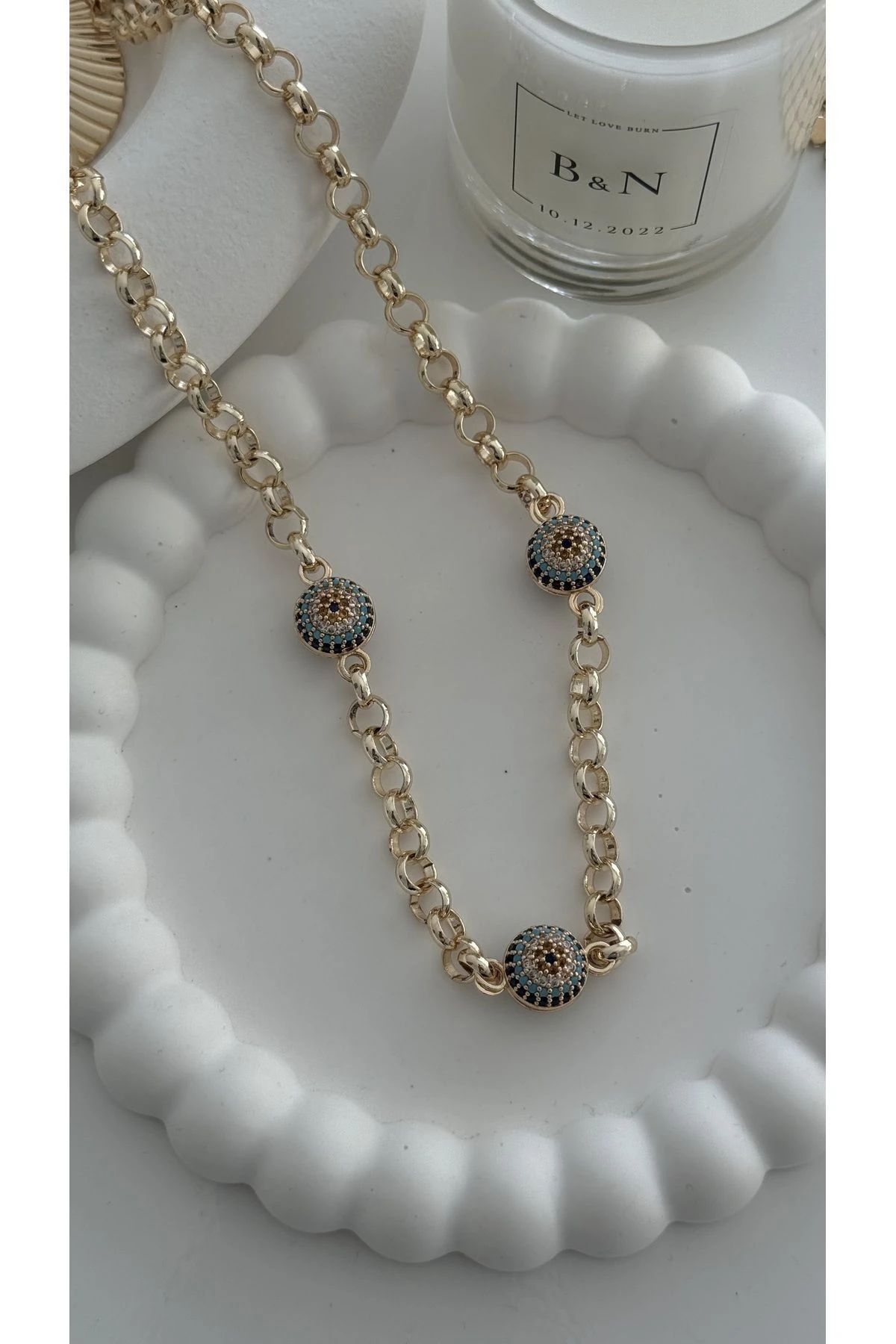 3 Nazar boncuklu Altın Kaplama Kolye