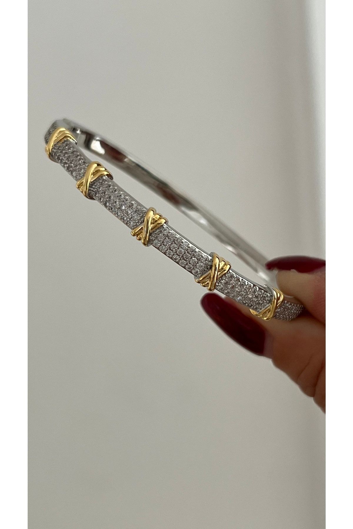 Çelik Taşlı Tiffany X Kelepçe Bileklik