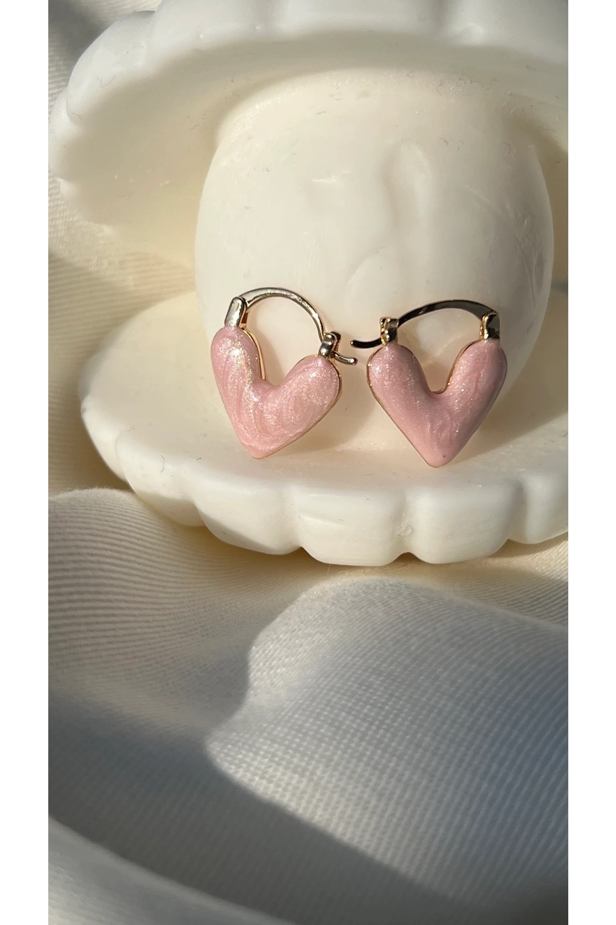 Çelik Pembe Sedefli Kalp Küpe