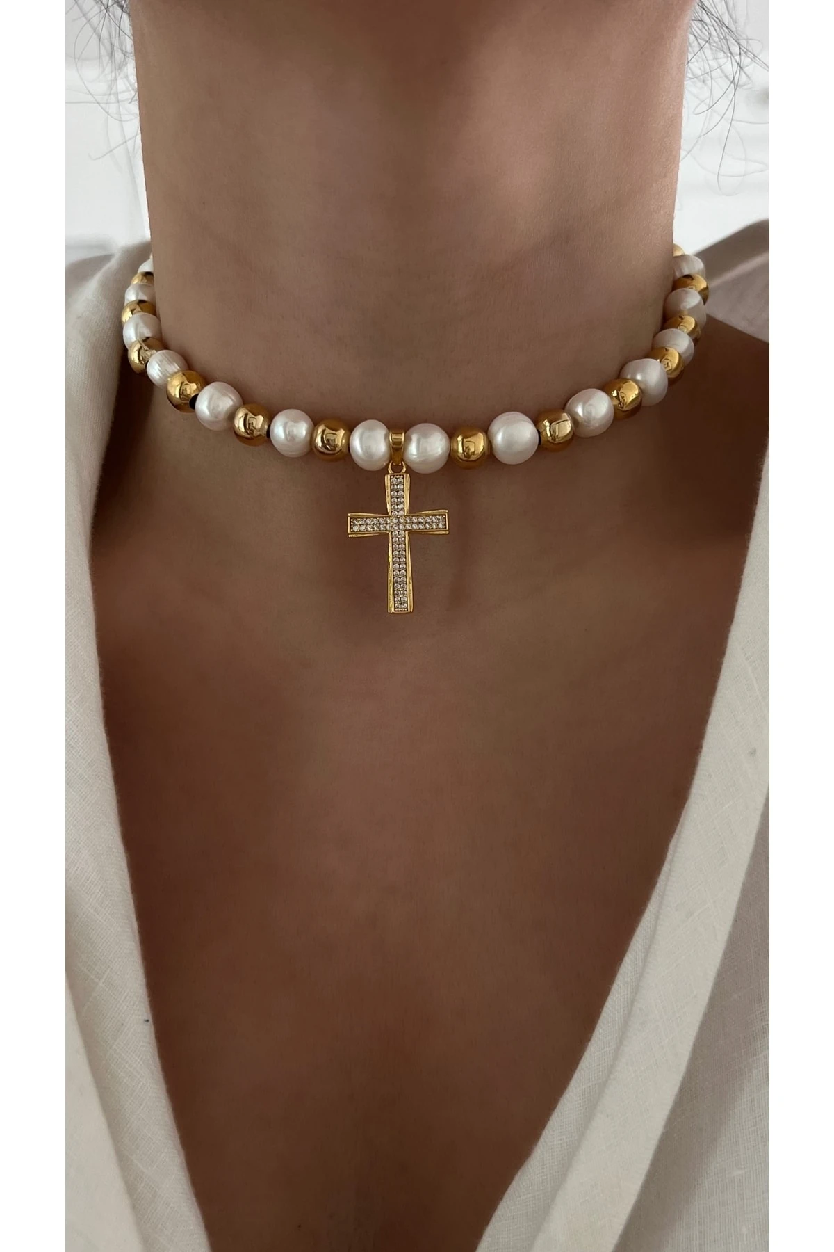 Gerçek Barok Incili Cross Choker