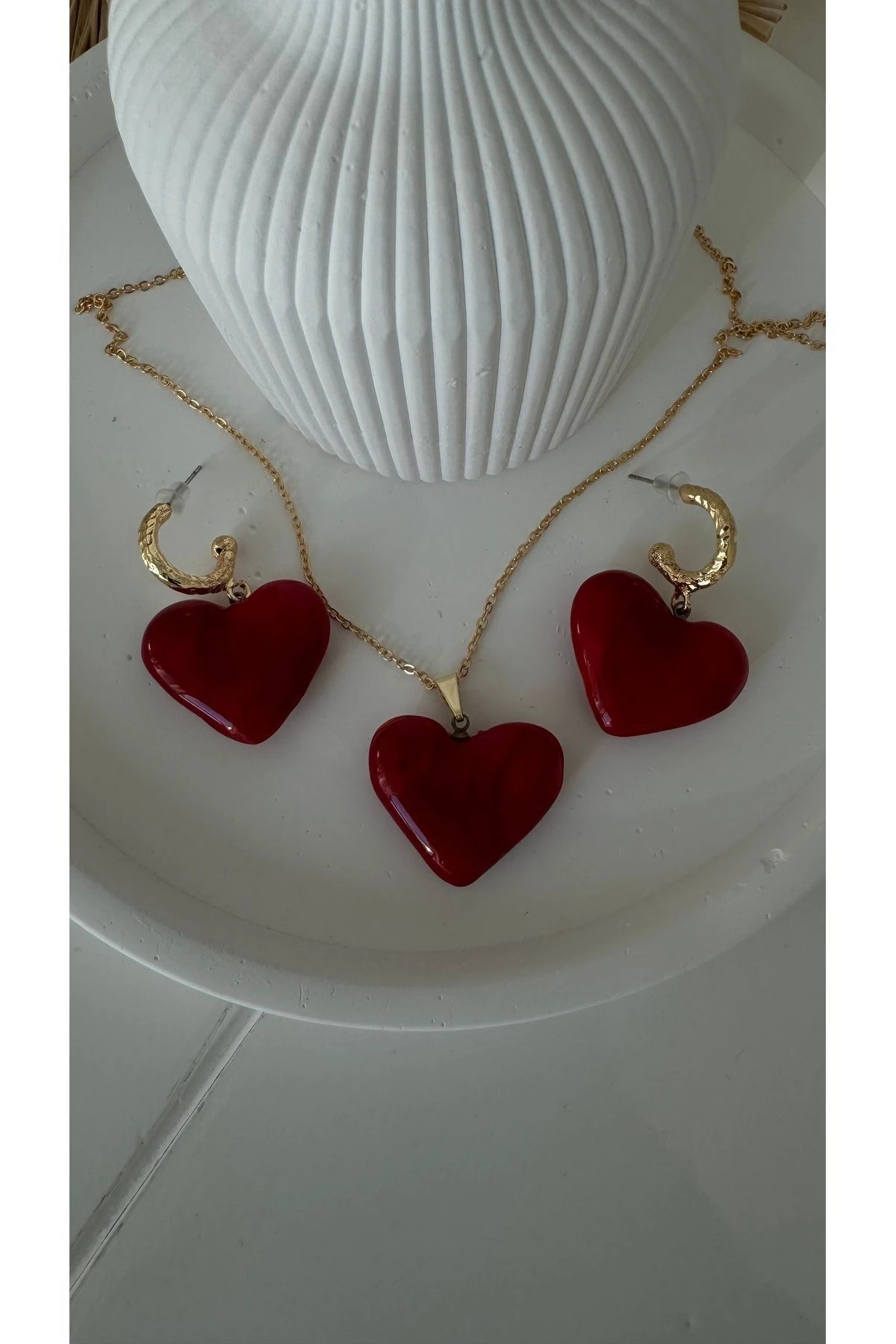 Sevgililer Günü Özel Murano Kalp Kolye ve Küpe Seti