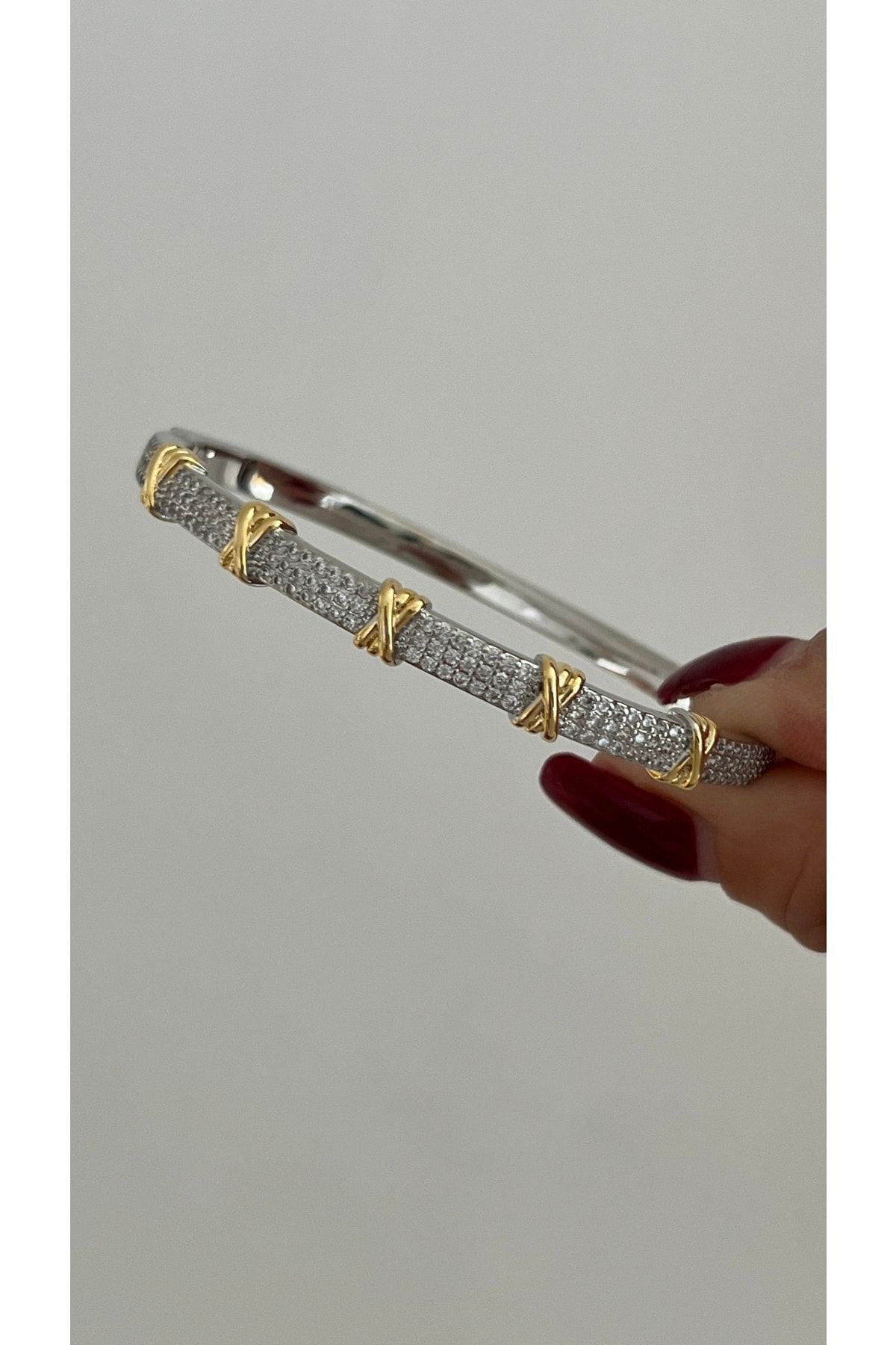 Çelik Taşlı Tiffany X Kelepçe Bileklik