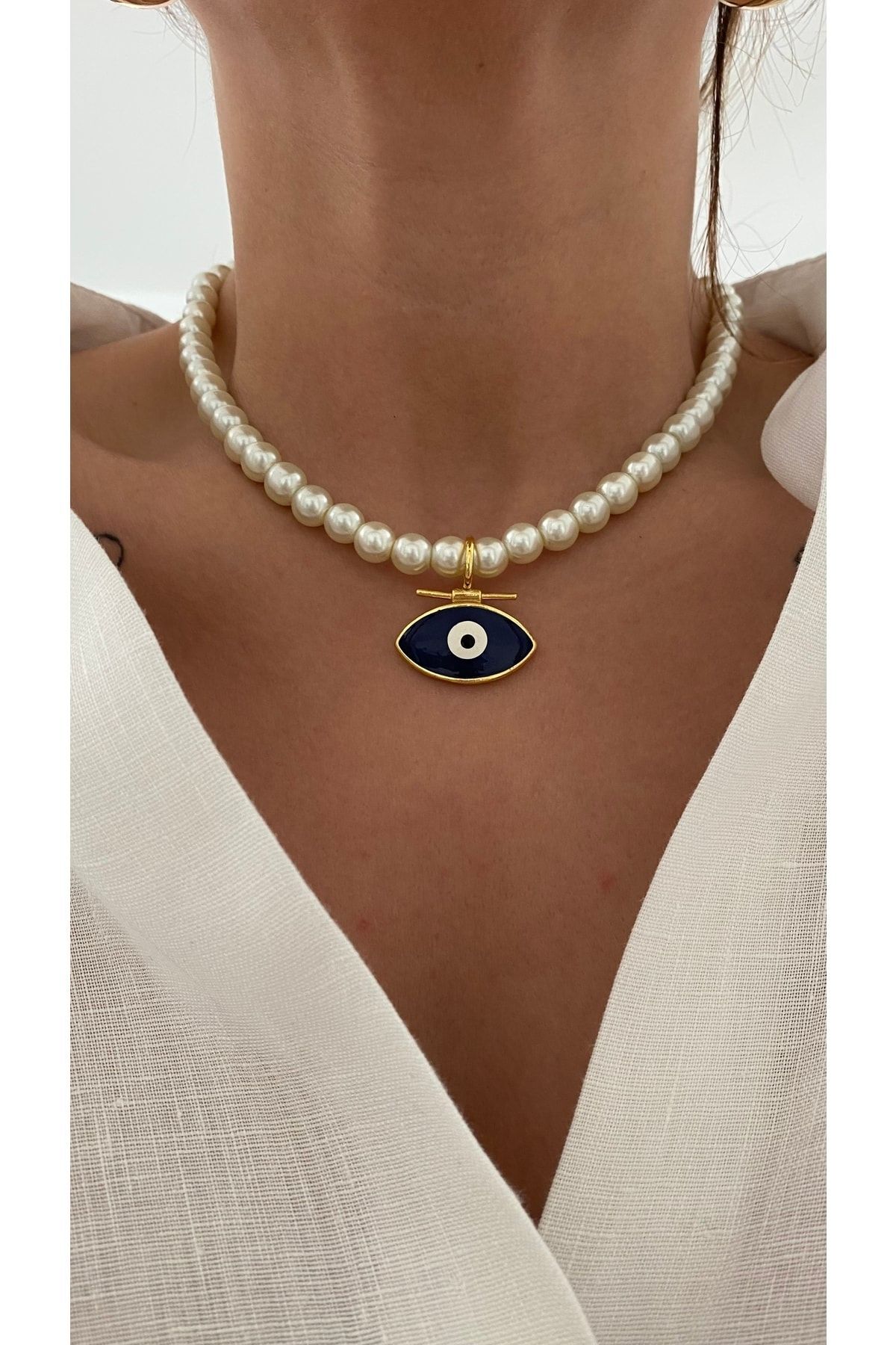 Lacivert Gözlü Inci Kolye