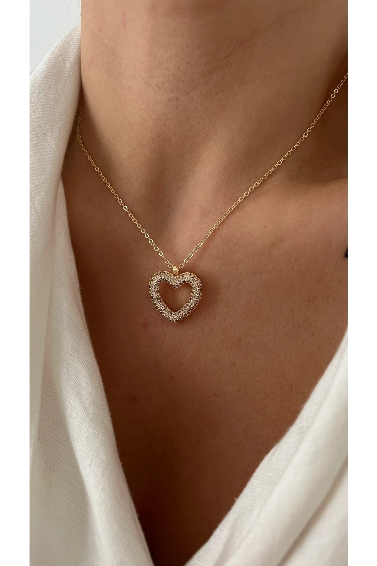 14k Altın Kaplama Taşlı Kalp Kolye