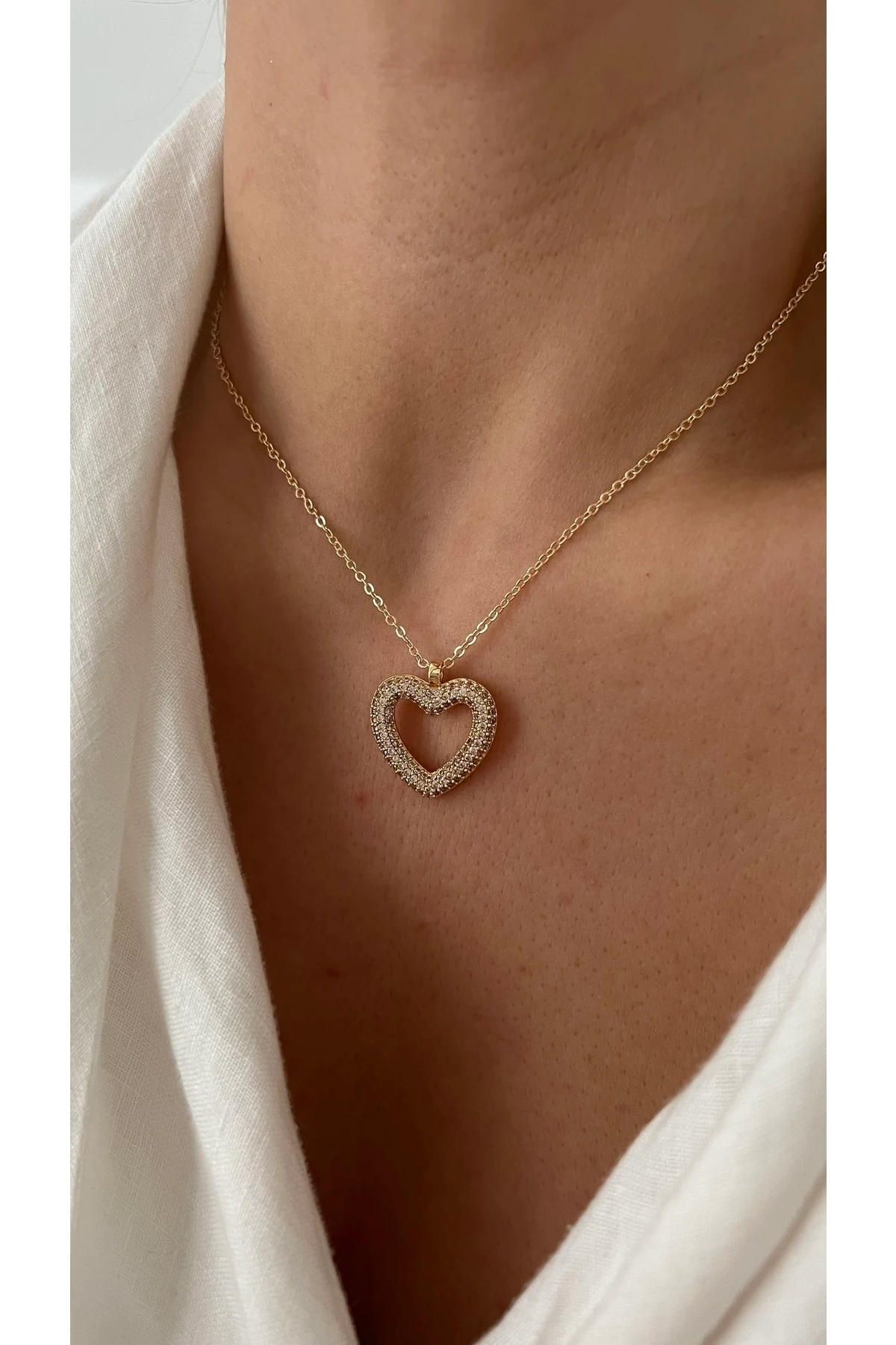 14k Altın Kaplama Taşlı Kalp Kolye