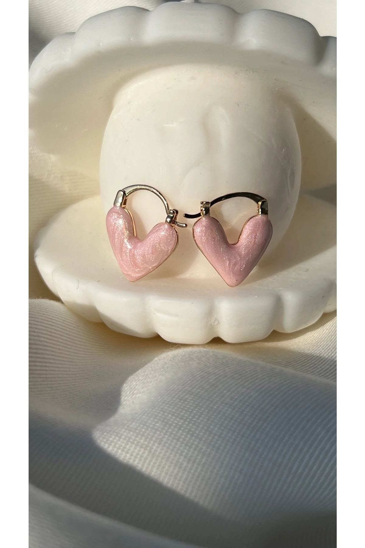 Çelik Pembe Sedefli Kalp Küpe