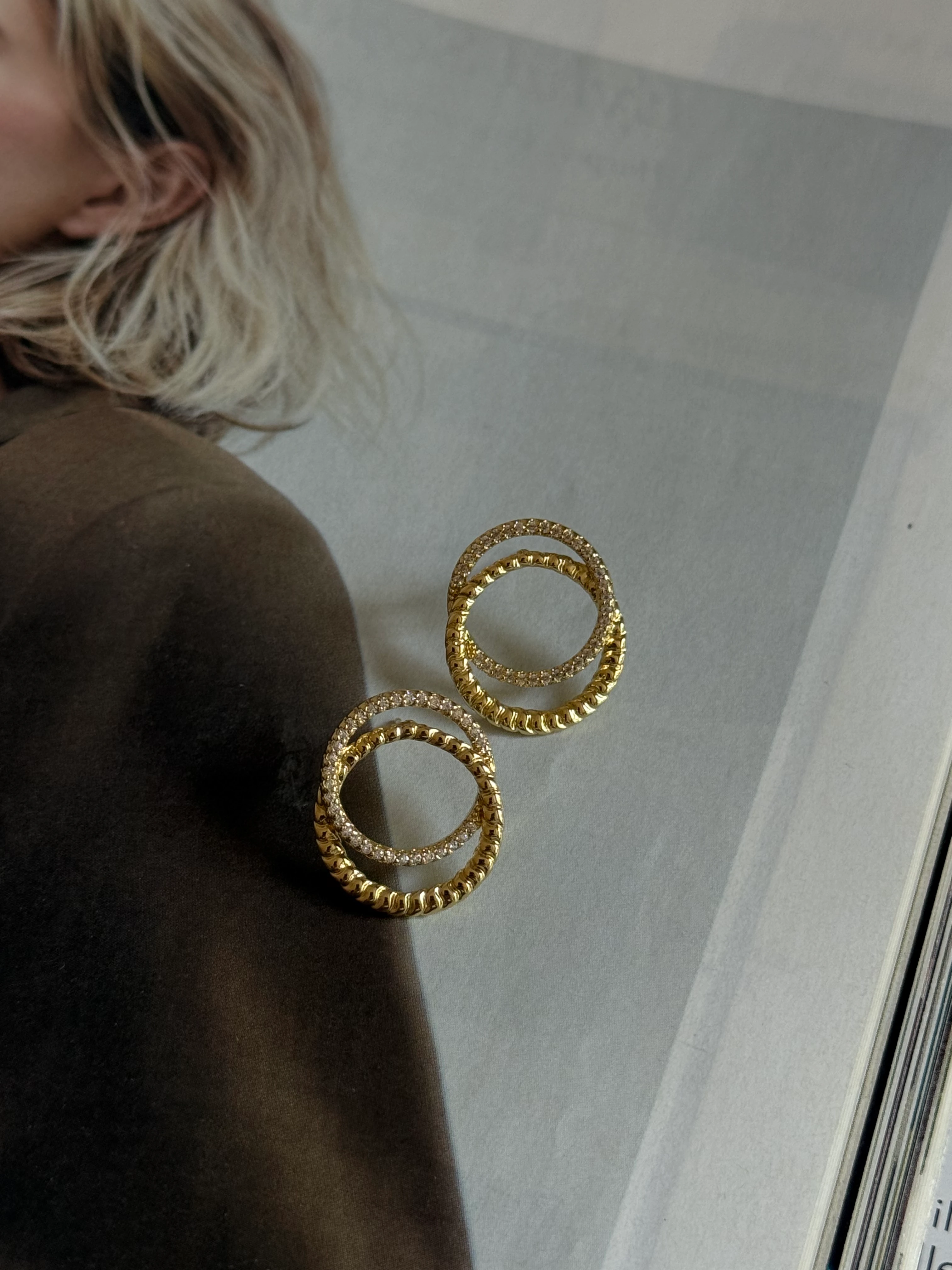 Gold Rengi İkili Yuvarlak Model Kadın küpe