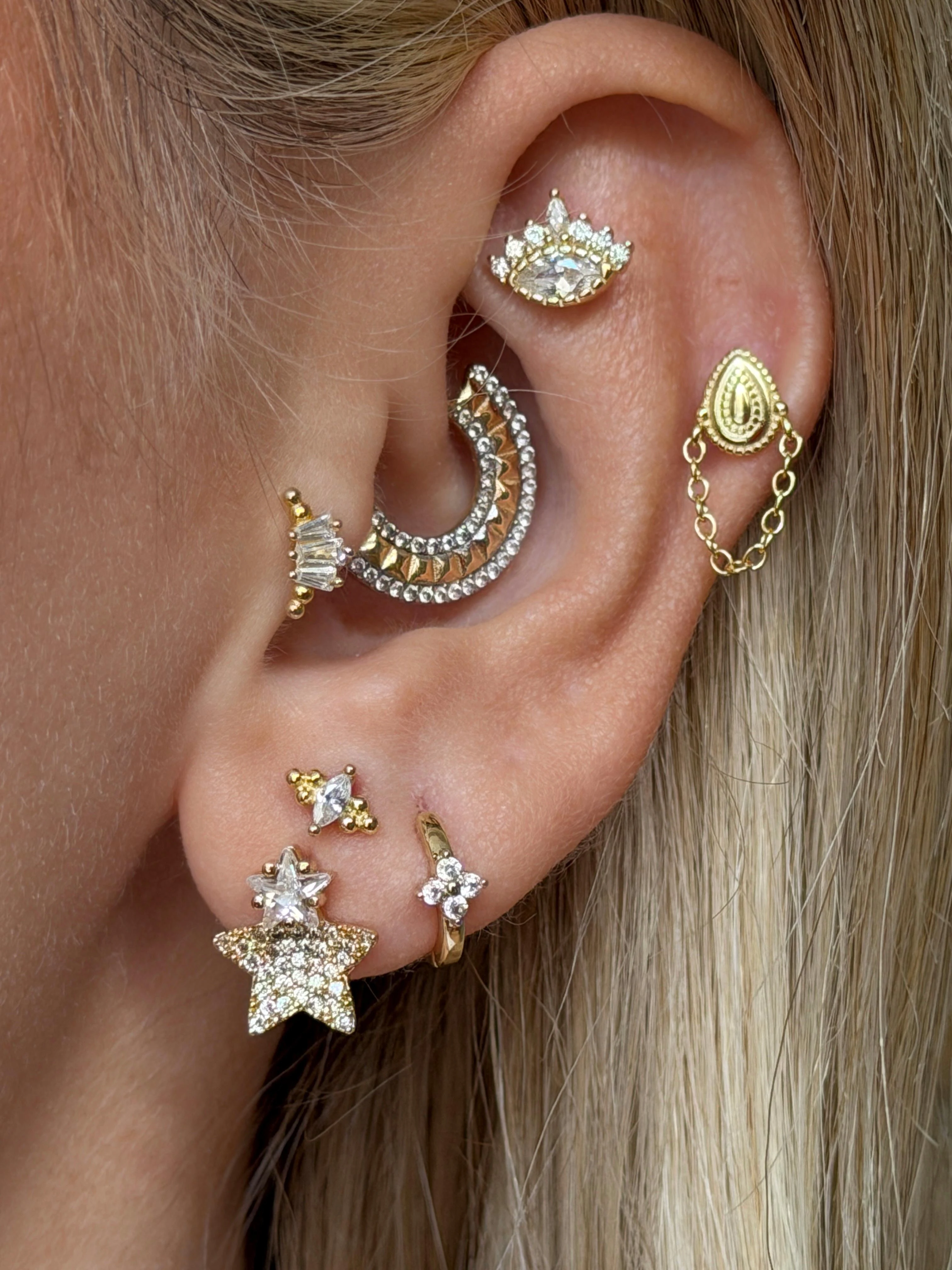 Gold Rengi Taşlı 925 Ayar Gümüş Piercing