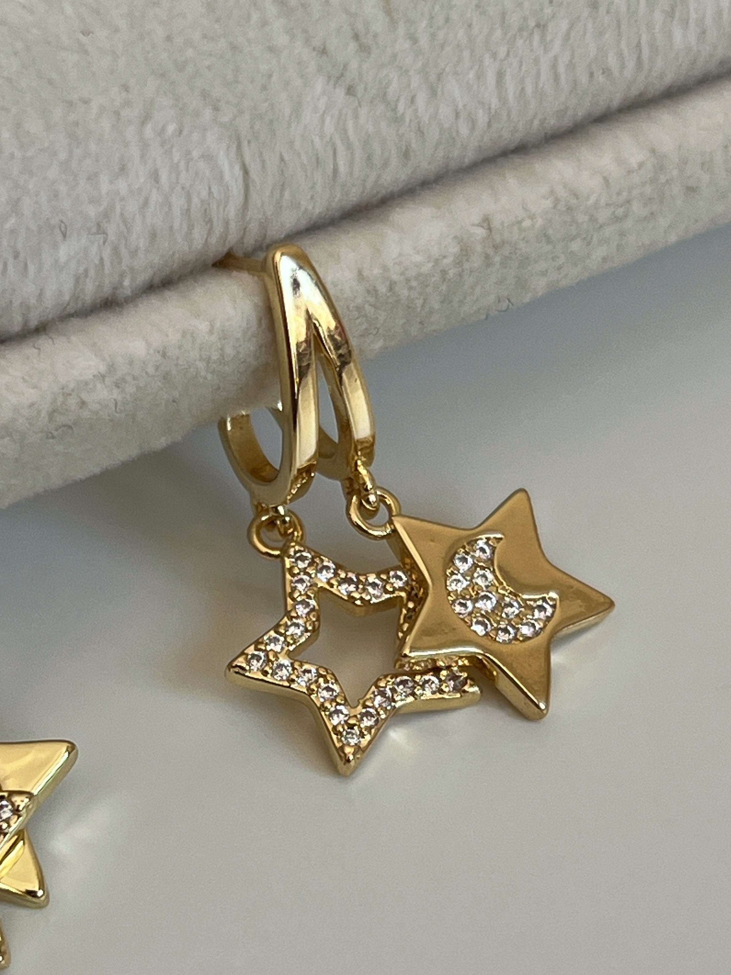 Gold Rengi Zirkon Taşlı Çift Sıralı Ay Yıldız Model Kadın Küpe