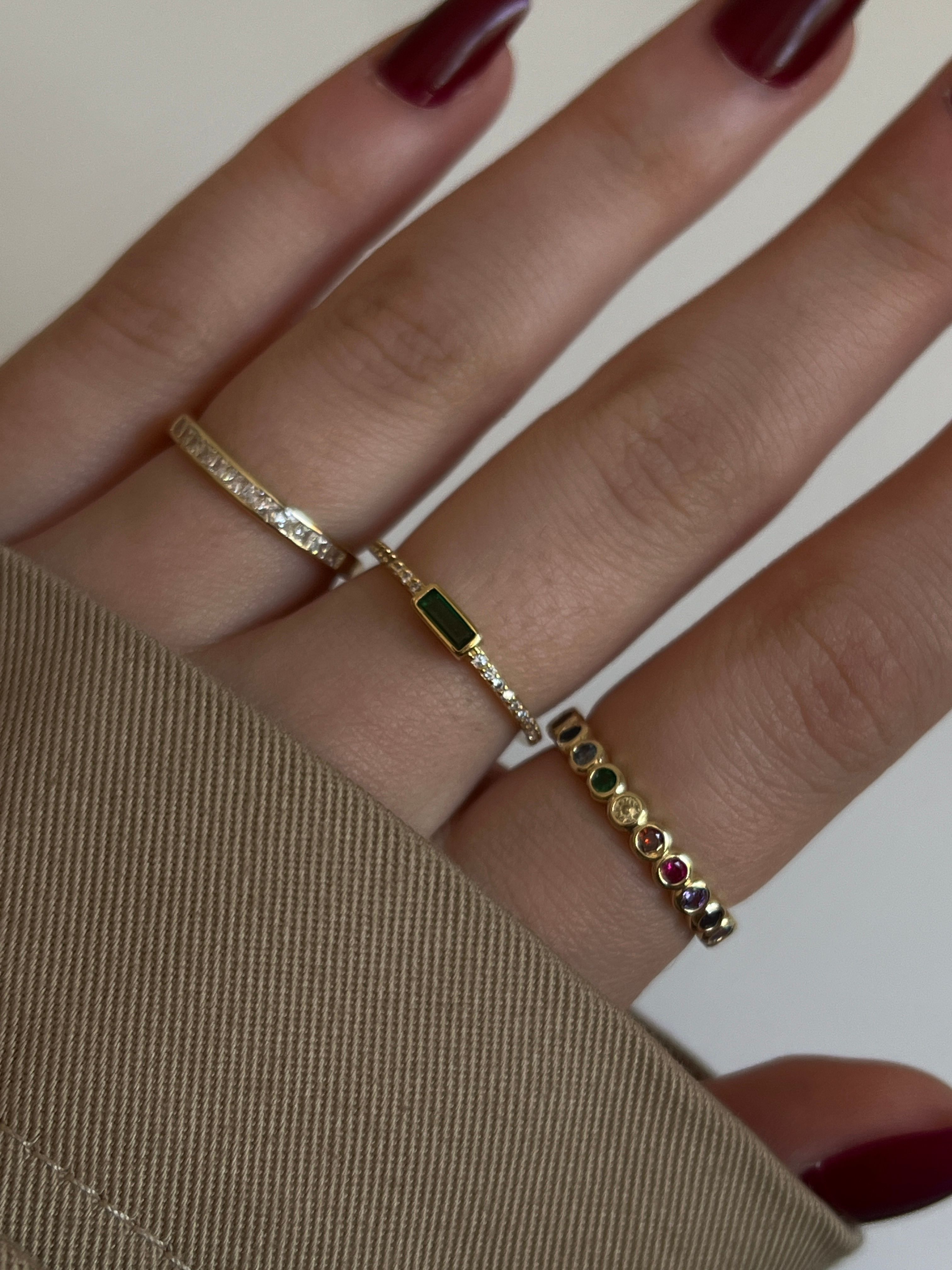 Gold Rengi Yeşil Baget Zirkon Taş Detaylı Kadın Yüzük