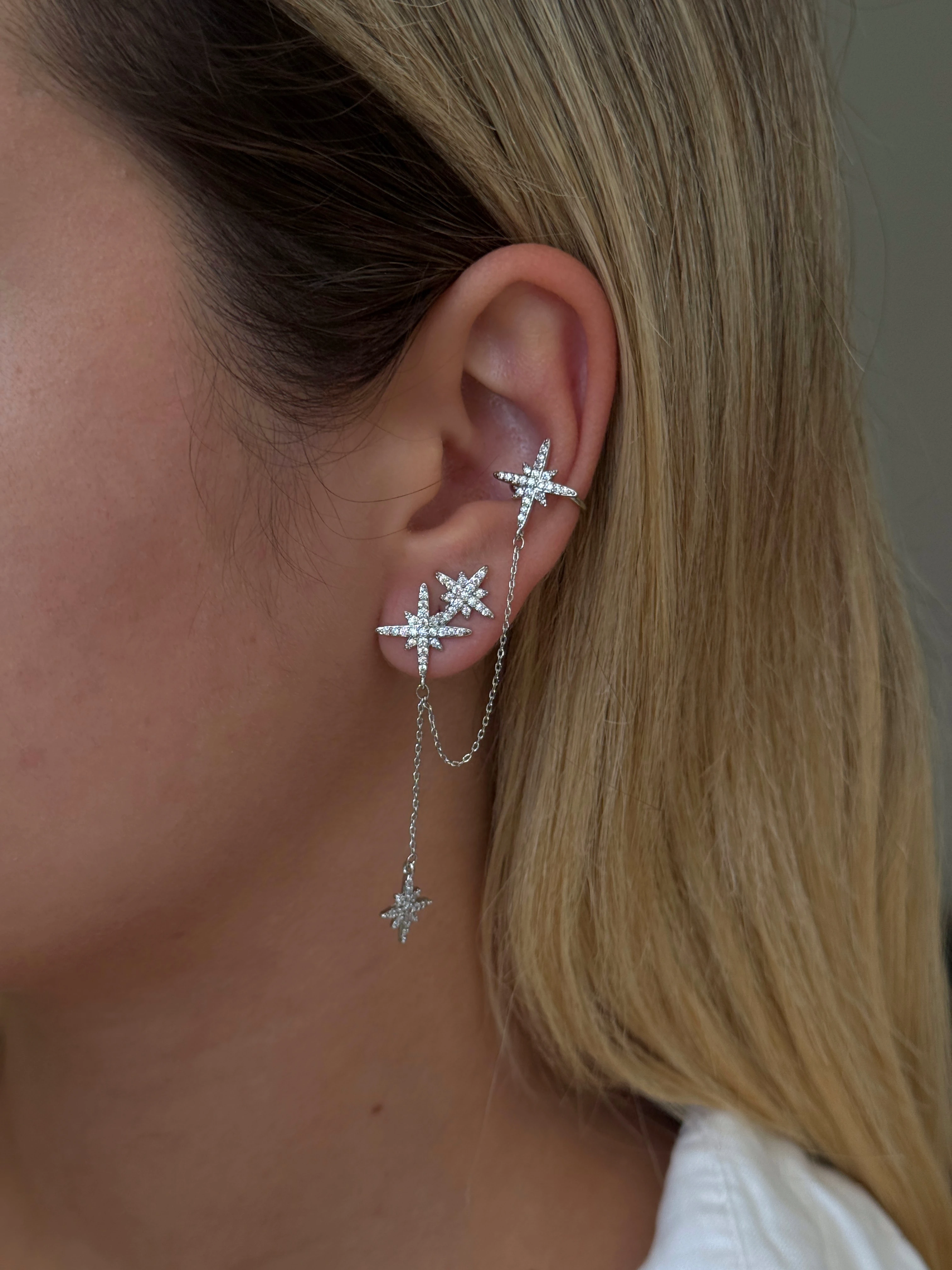 Zirkon Taşlı Çoklu Kutup Yıldızı Model Kadın Kıkırdak Küpe