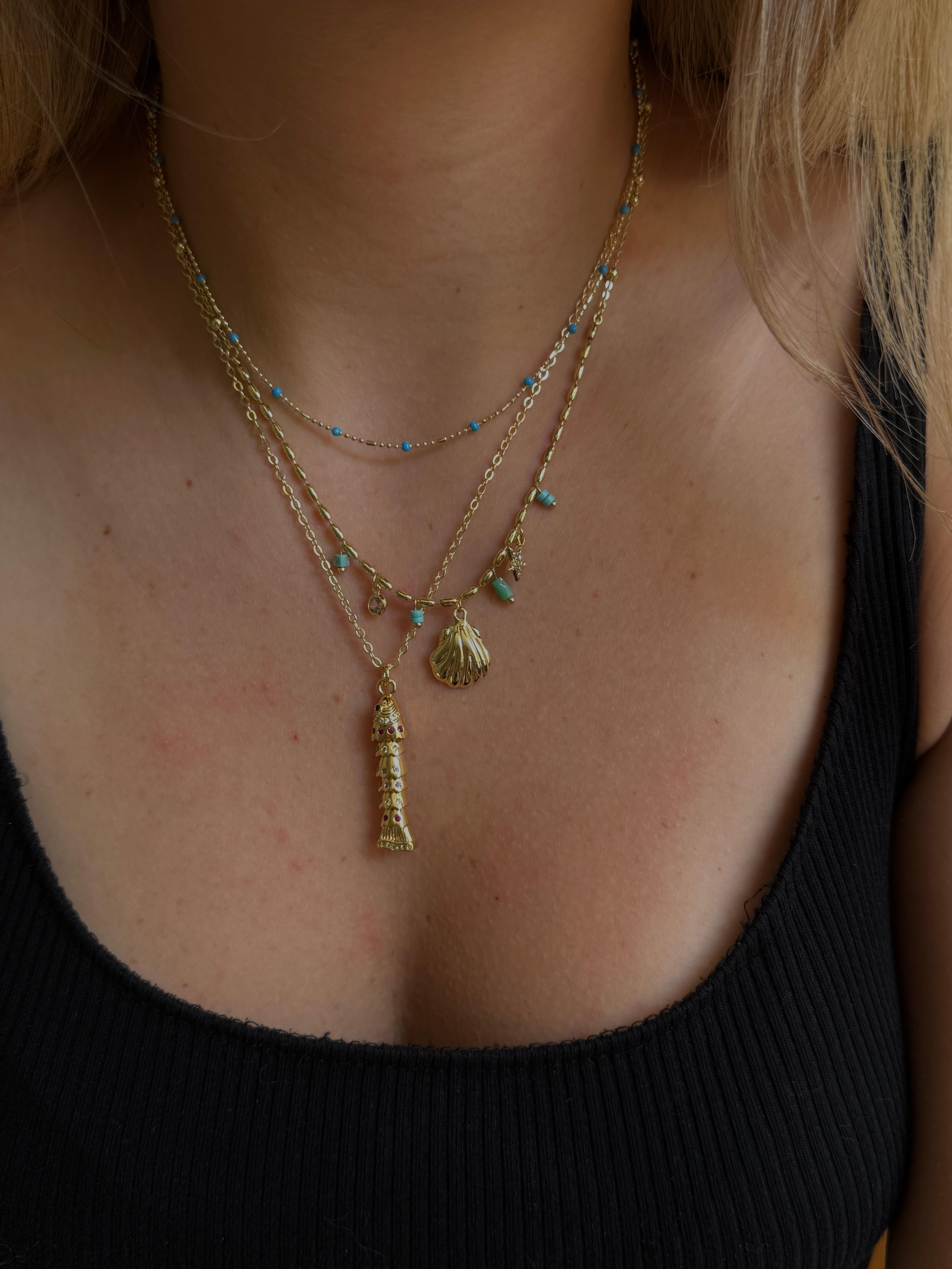 Gold Rengi Zirkon Taş Detaylı Deniz Kabuğu Model Kadın Kolye