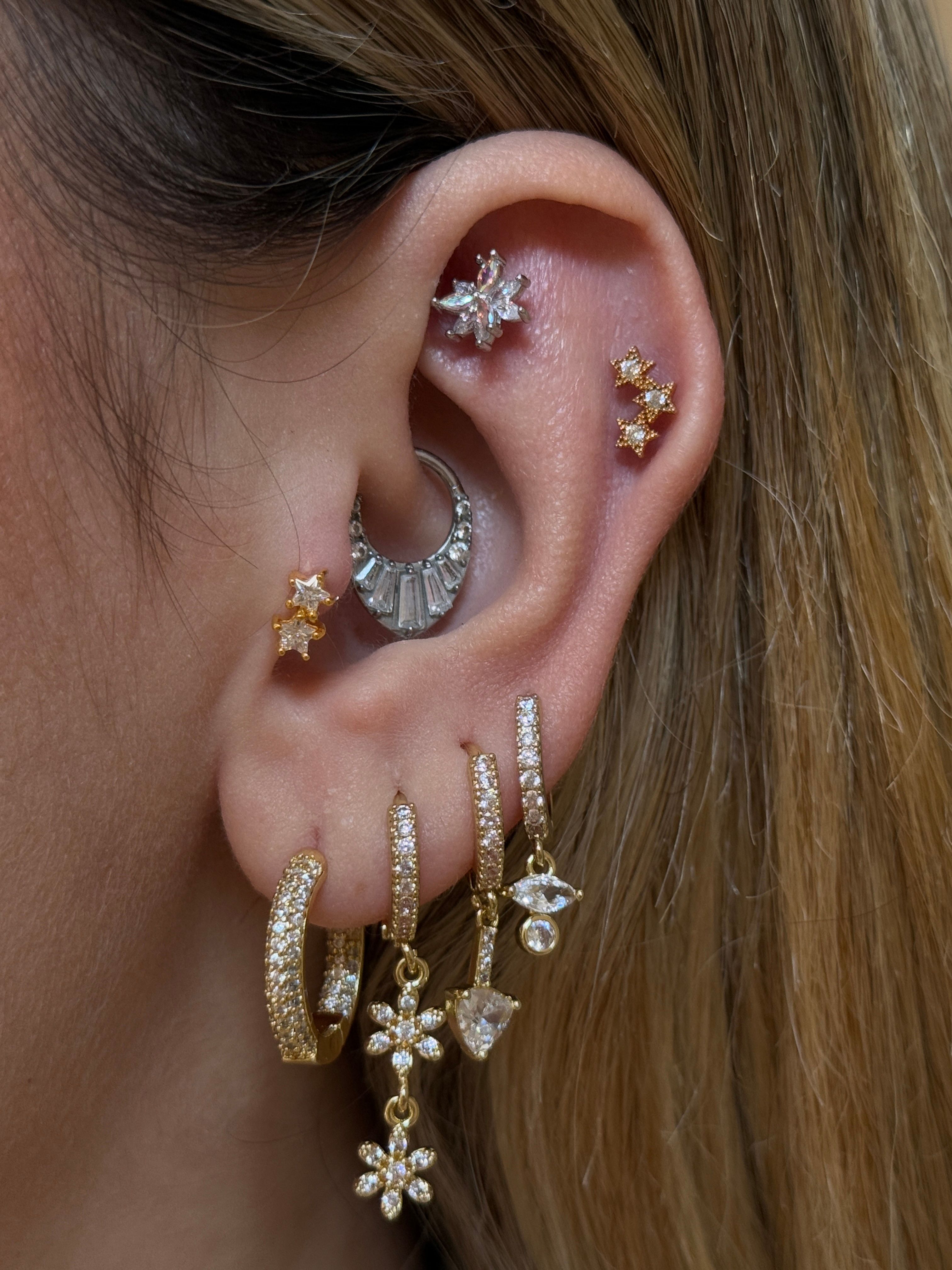 Gold Rengi Zirkon Taşlı İkili Yıldız Kadın Piercing