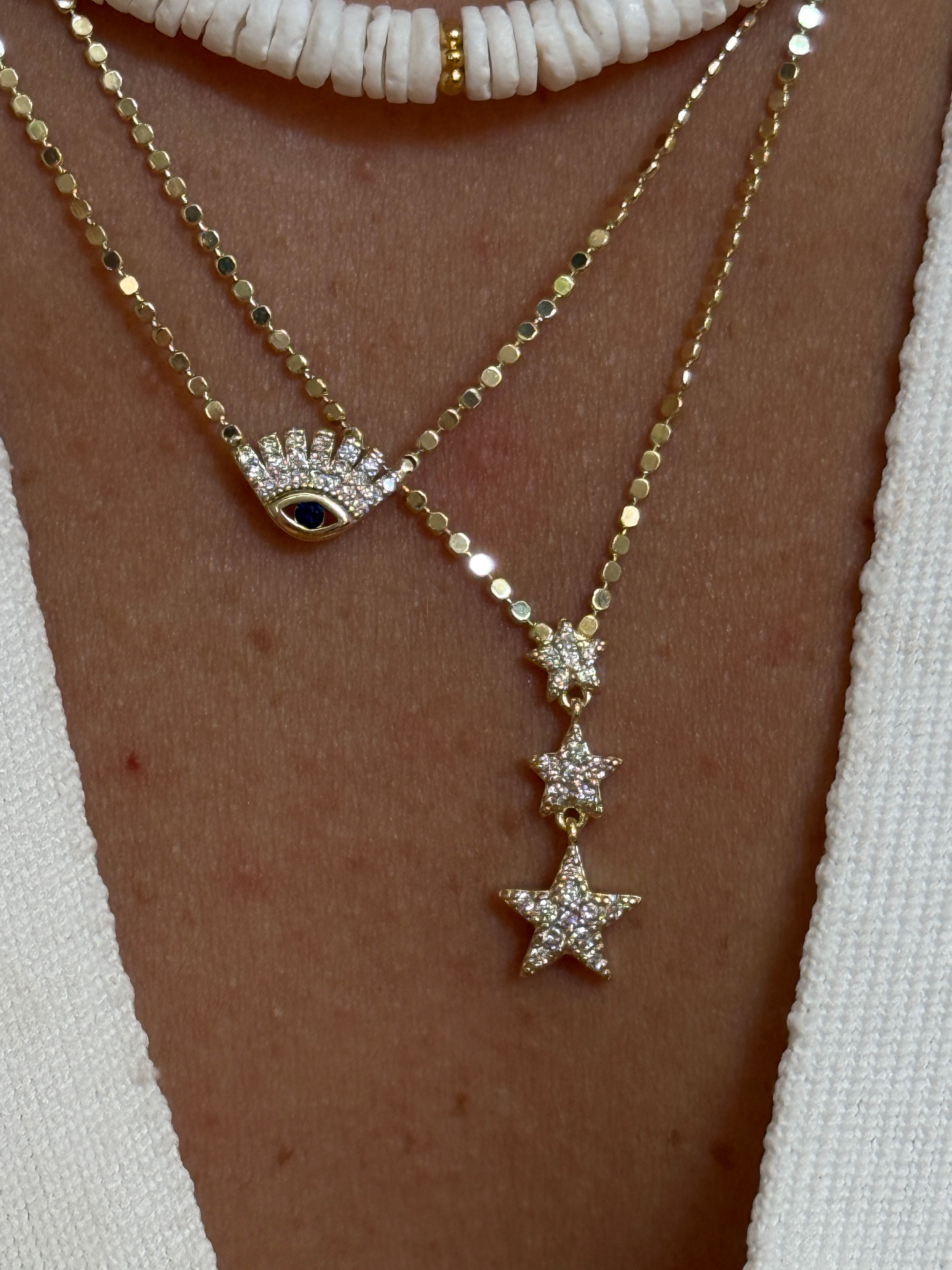 Gold Rengi Zirkon Taşlı Üç Yıldız Model Sıralı Yuvarlak Zincir Kadın Kolye
