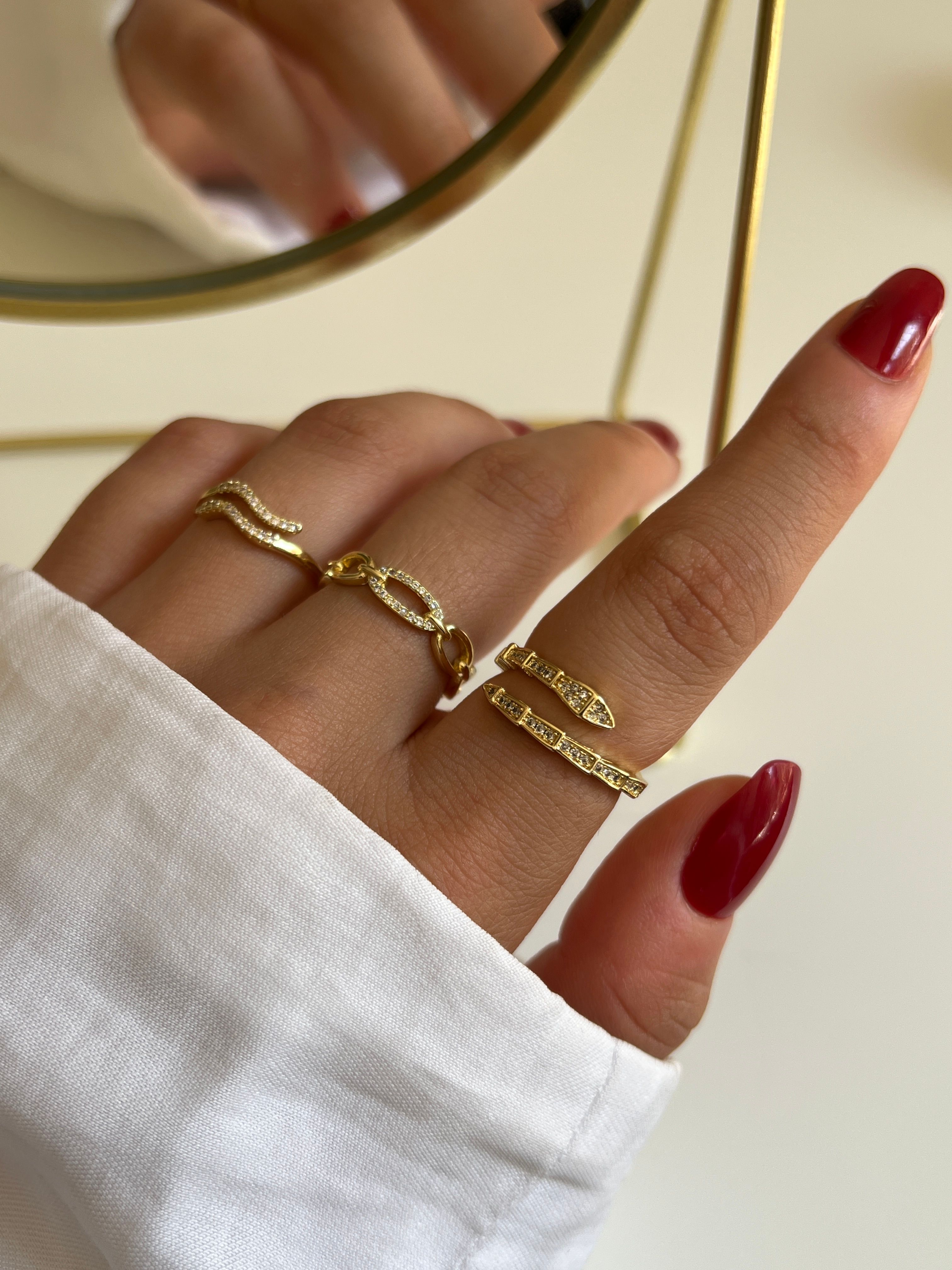 Gold Rengi Zirkon Taşlı Yılan Model Kadın Yüzük