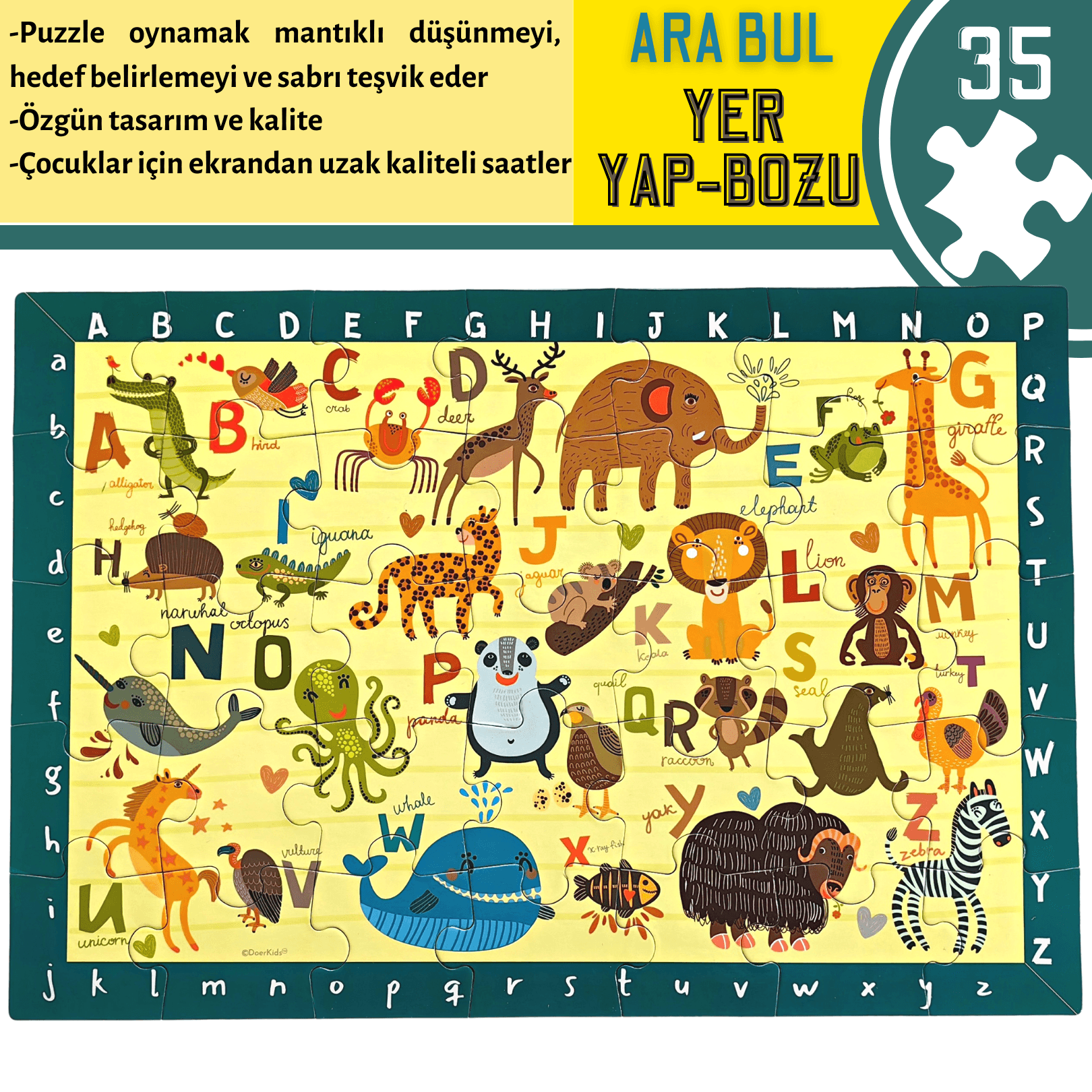 Hayvanlar İngilizce Alfabe Ara Bul Yer Puzzle | Eğitici Puzzle 35 Parça