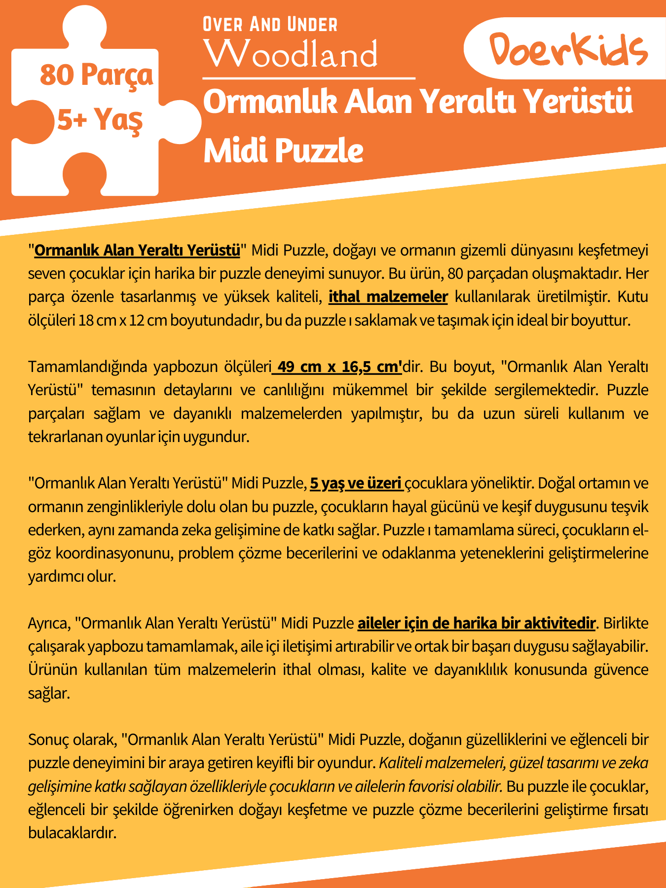 DoerKids Ormanlık Alan Yeraltı Yerüstü Midi Puzzle | 80 Parça 5+ Yaş