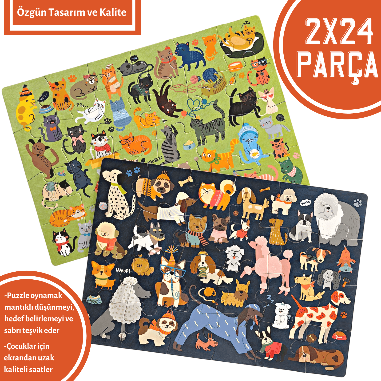 Kediler ve Köpekler Puzzle | 2 Puzzle Bir Arada 48 Parça | Cats and Dogs Puzzle 2 in a box