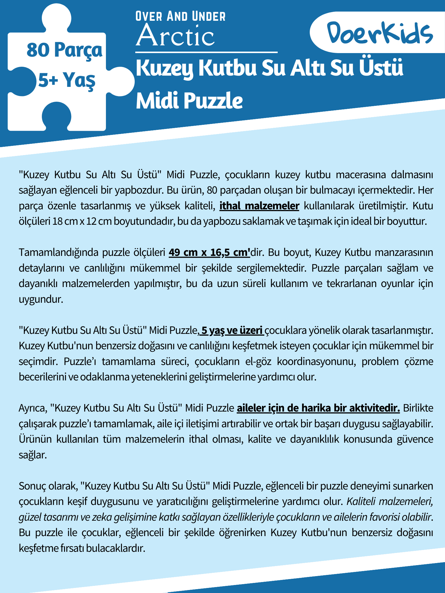 DoerKids Kuzey Kutbu Su Altı Su Üstü Midi Puzzle | 80 Parça 5+ Yaş