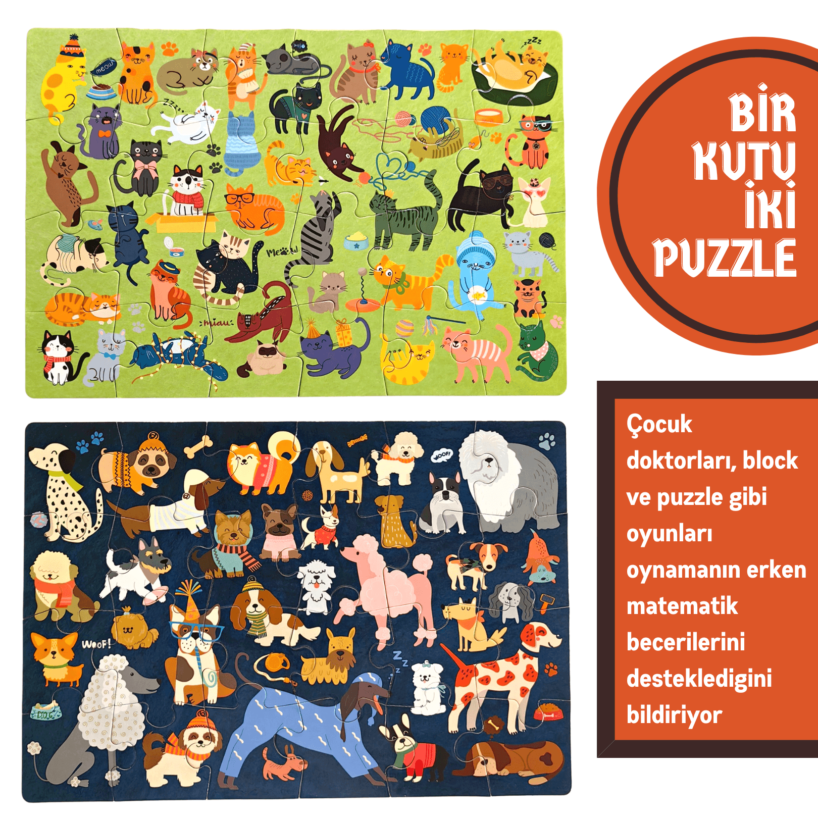 Kediler ve Köpekler Puzzle | 2 Puzzle Bir Arada 48 Parça | Cats and Dogs Puzzle 2 in a box