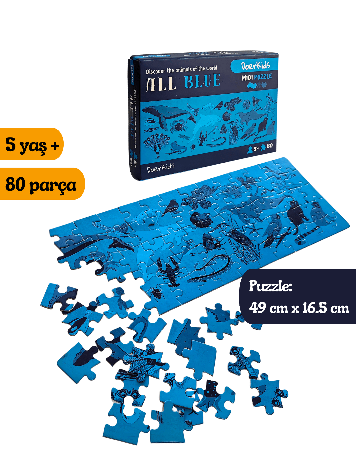 DoerKids All Blue-Mavi Hayvanlar Midi Puzzle | 80 Parça 5+ Yaş