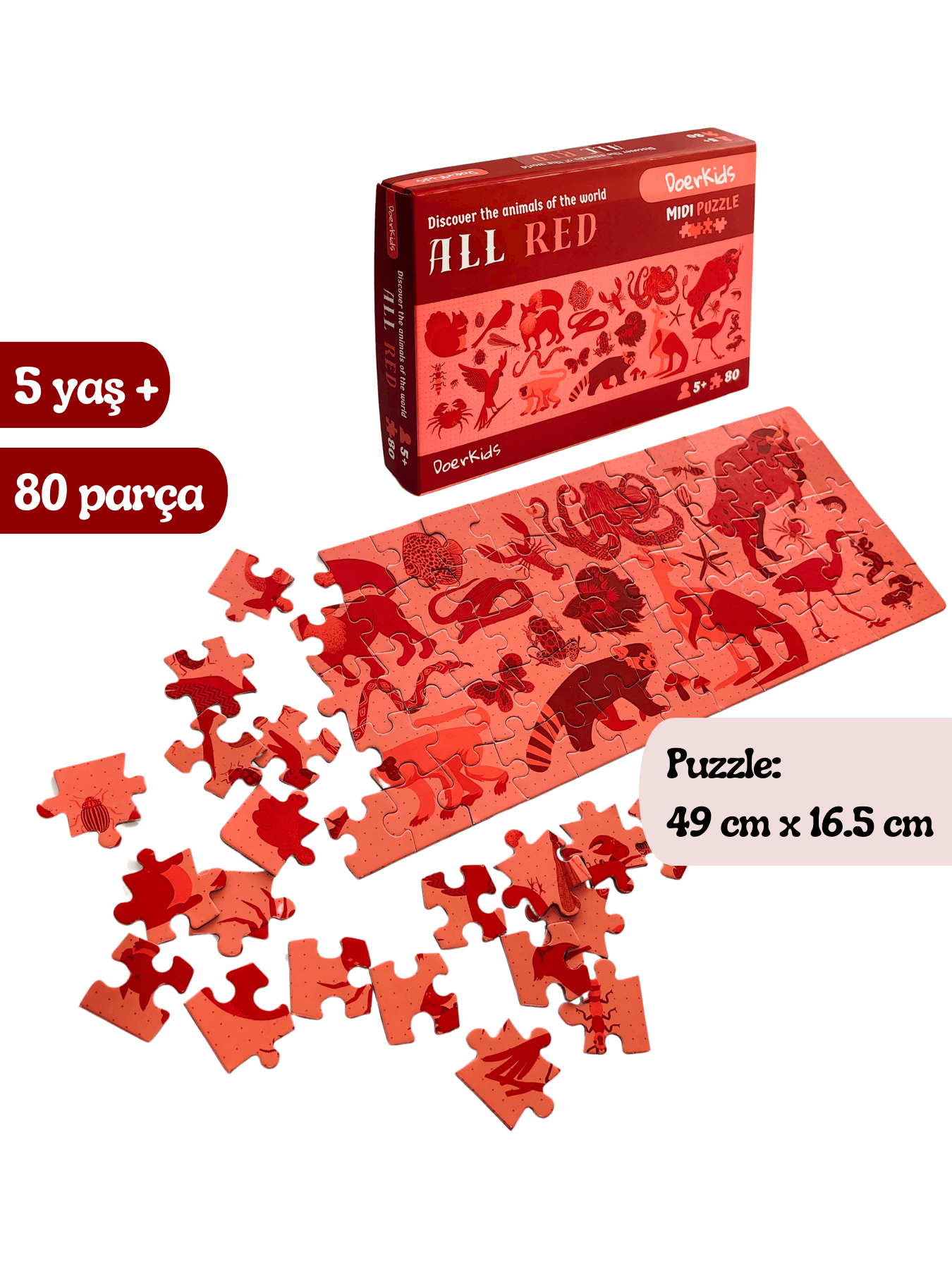 DoerKids All Red-Kırmızı Hayvanlar Midi Puzzle | 80 Parça 5+ Yaş