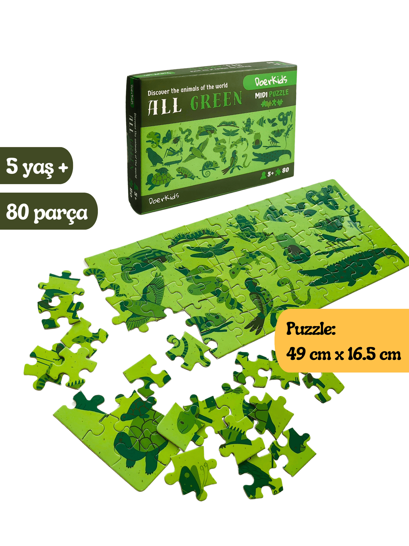 DoerKids All Green-Yeşil Hayvanlar Midi Puzzle | 80 Parça 5+ Yaş