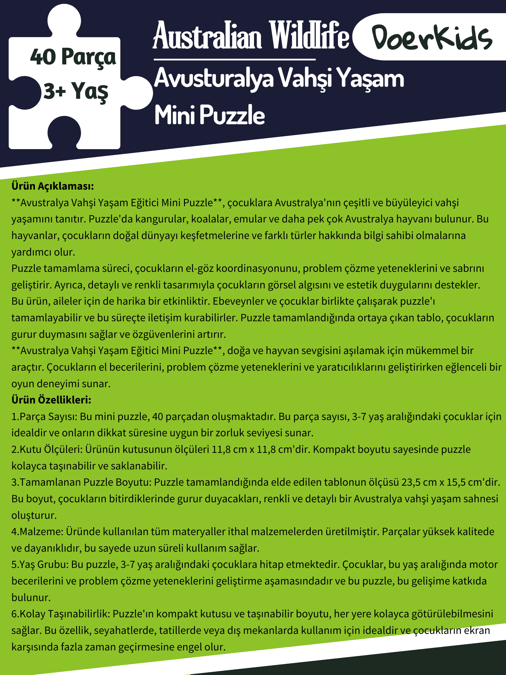 DoerKids Avustralya Vahşi Yaşam Eğitici Mini Puzzle | 3-7 Yaş - 40 Parça