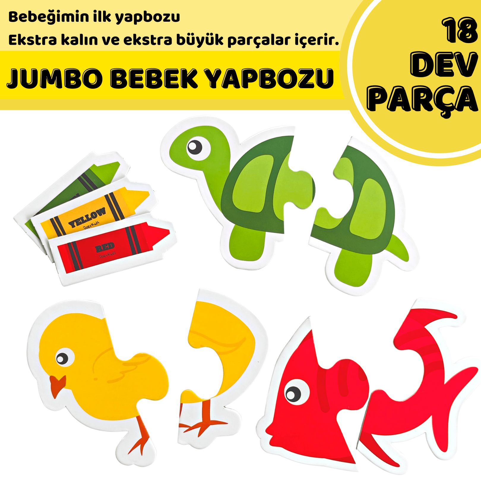 Renkli Hayvanlar Baby Puzzle | 18 Parça | Crayon Eşleştirme