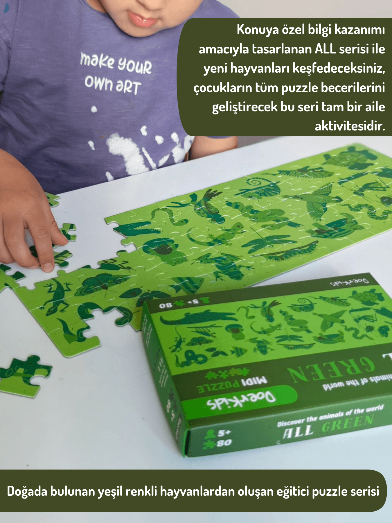 DoerKids All Green-Yeşil Hayvanlar Midi Puzzle | 80 Parça 5+ Yaş