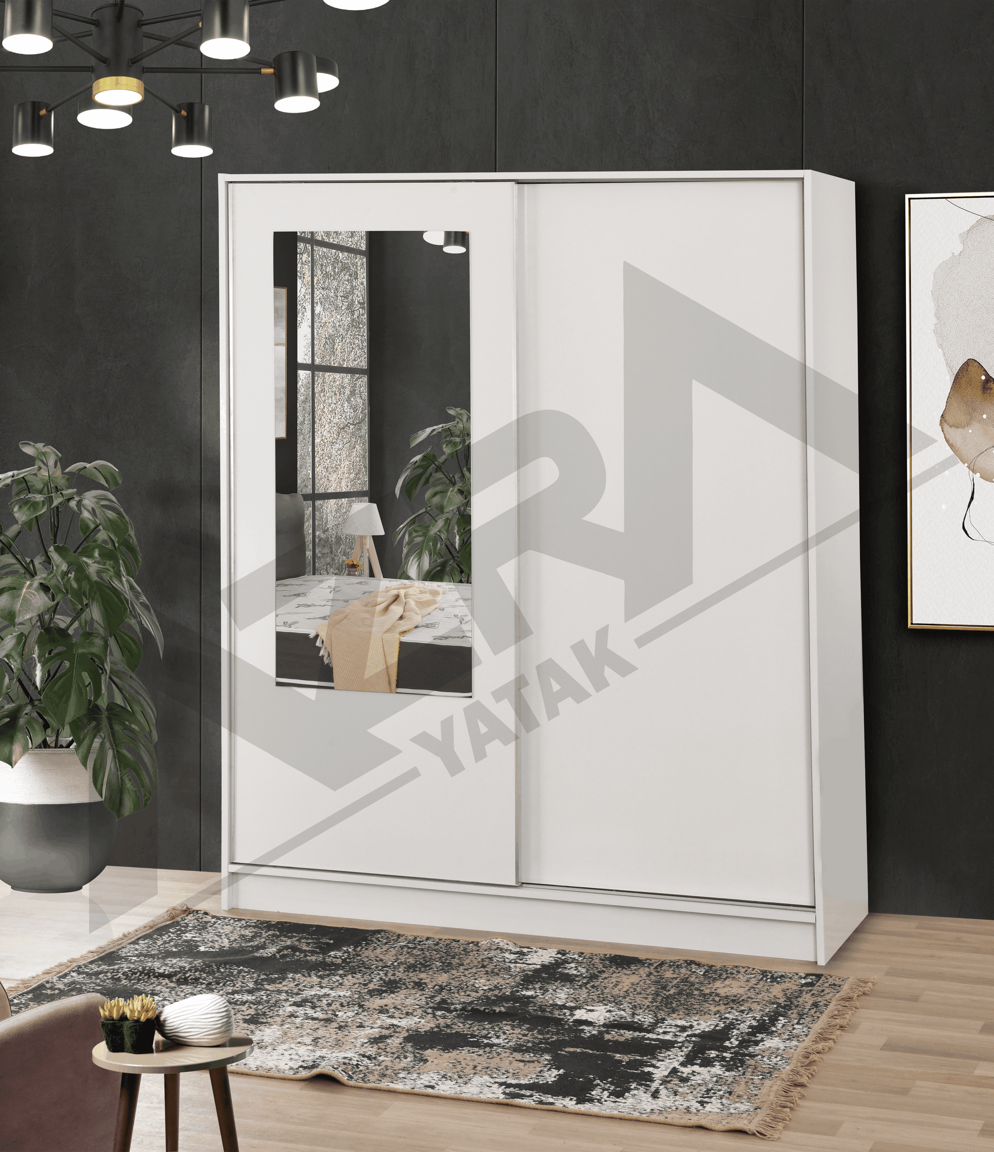 Yağmur Sürgülü Askılıklı Raflı Beyaz Gardırop