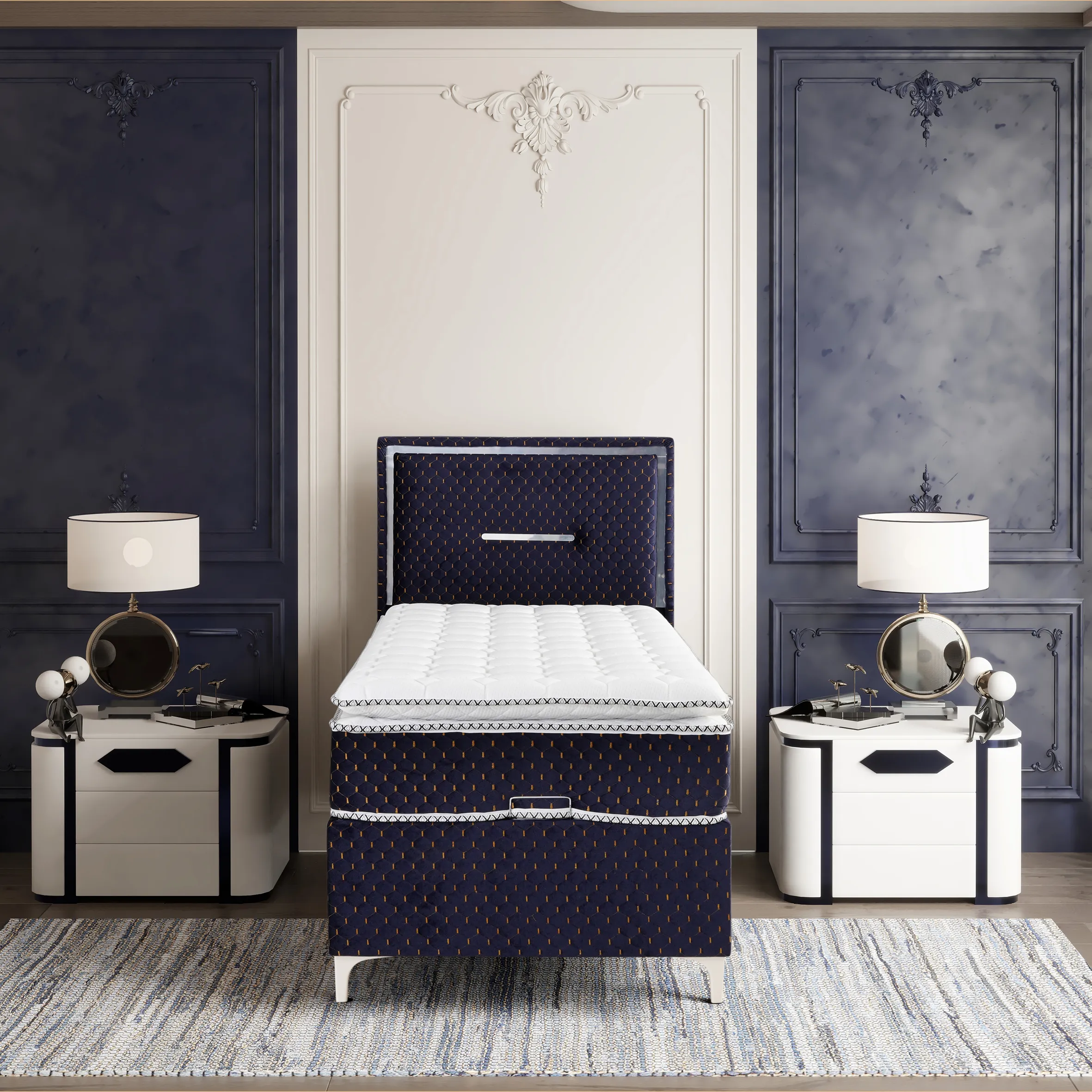 Lina Lacivert Tek Kişilik Sandıklı Baza + Ortopedik Pedli Yatak + Klapalı Başlık 3’lü Set - 90 x 190 CM - 1