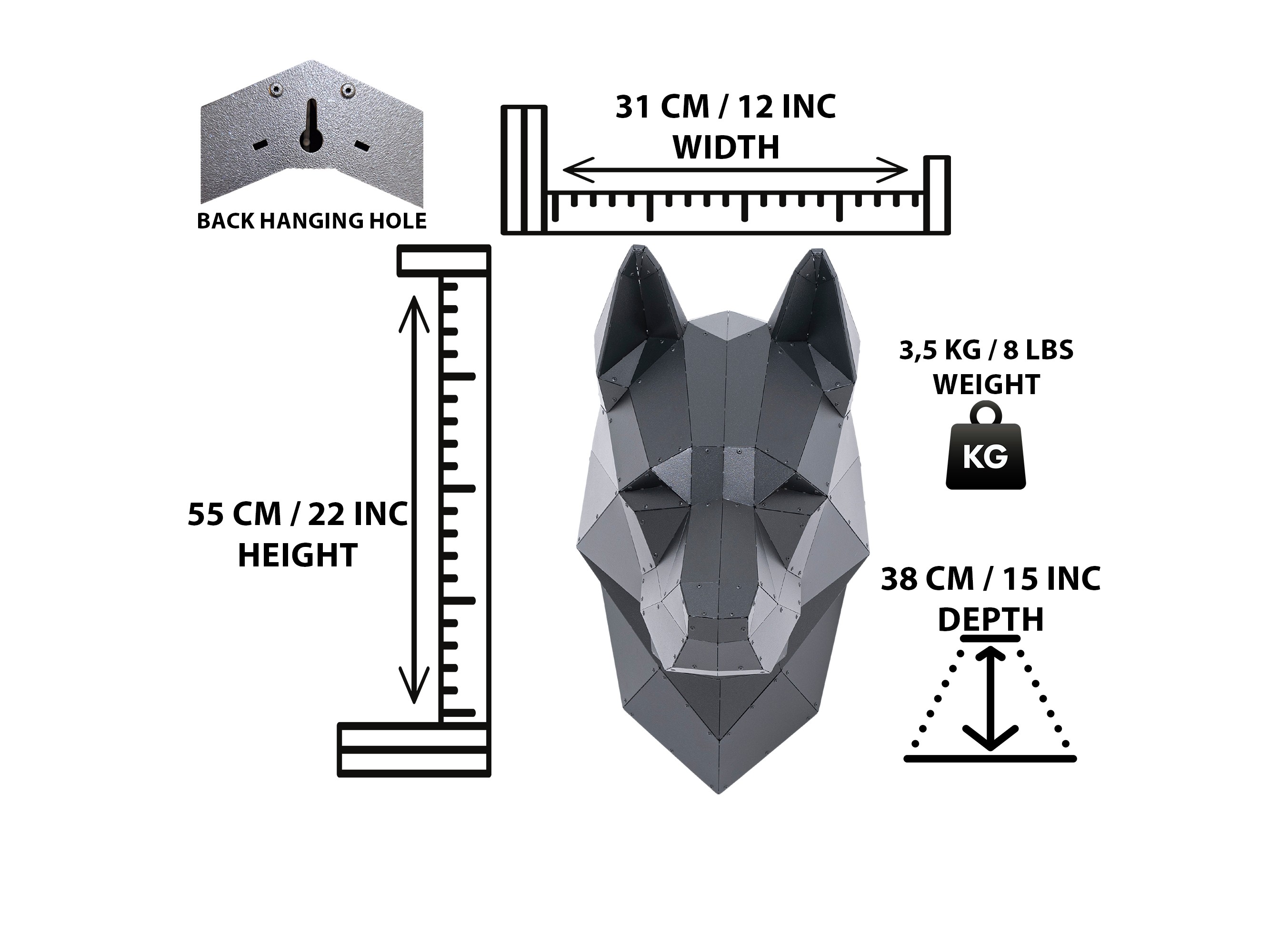 3D Metal Alman Çoban Köpeği Kafası Heykeli