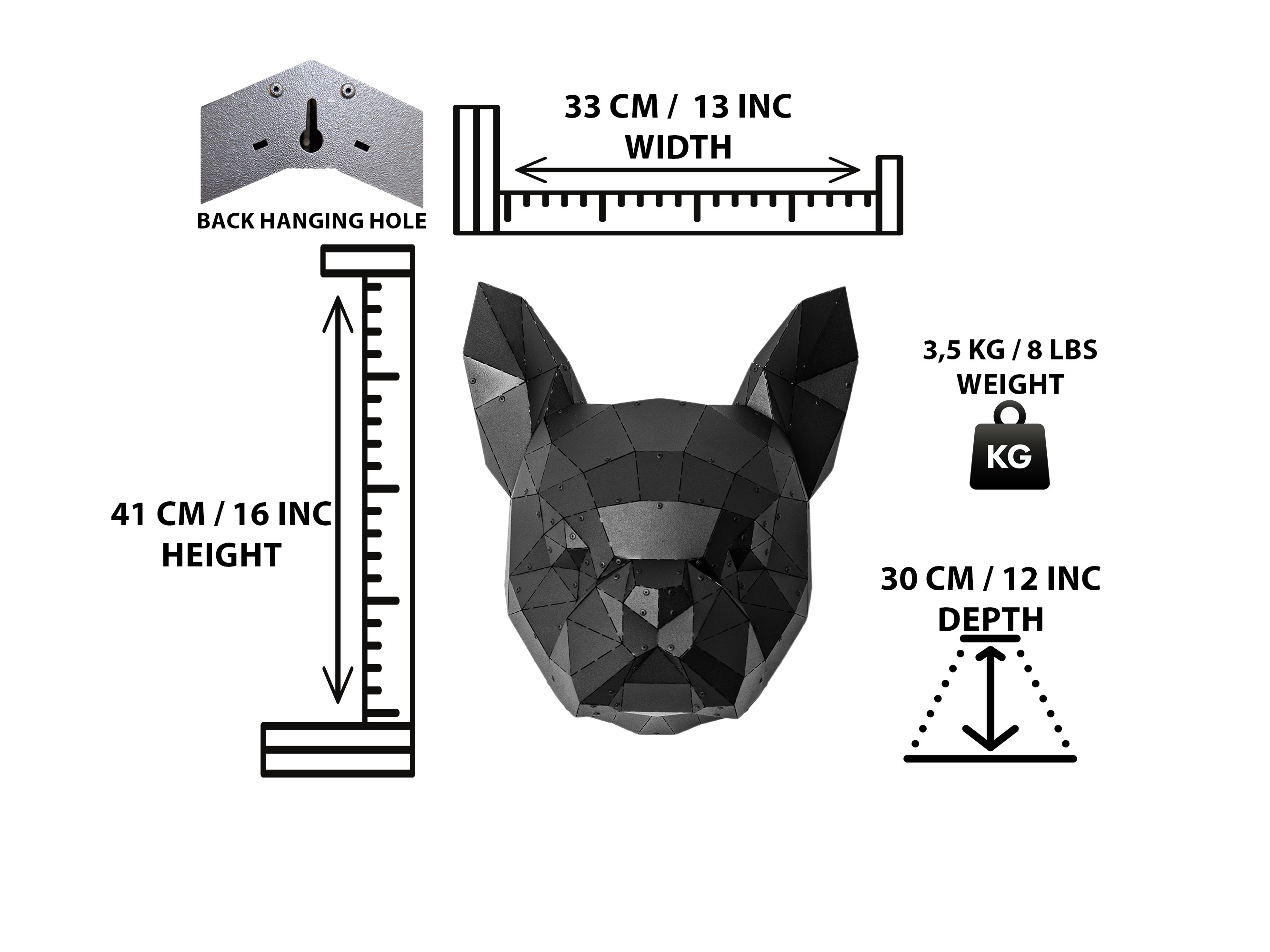 3D Metal Fransız Bulldog Kafası Duvar Heykeli