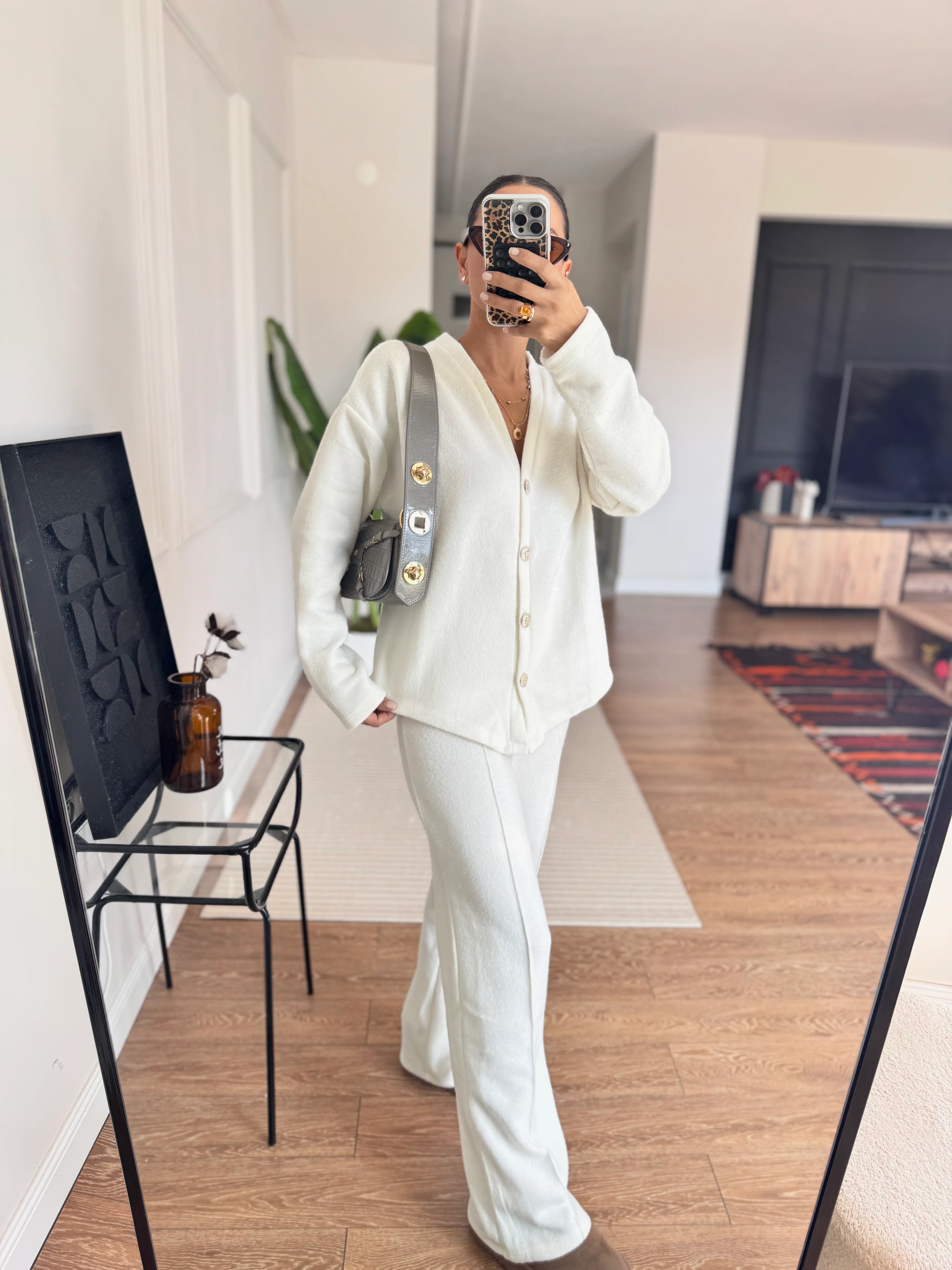 Gold Düğmeli Triko Takım - Krem