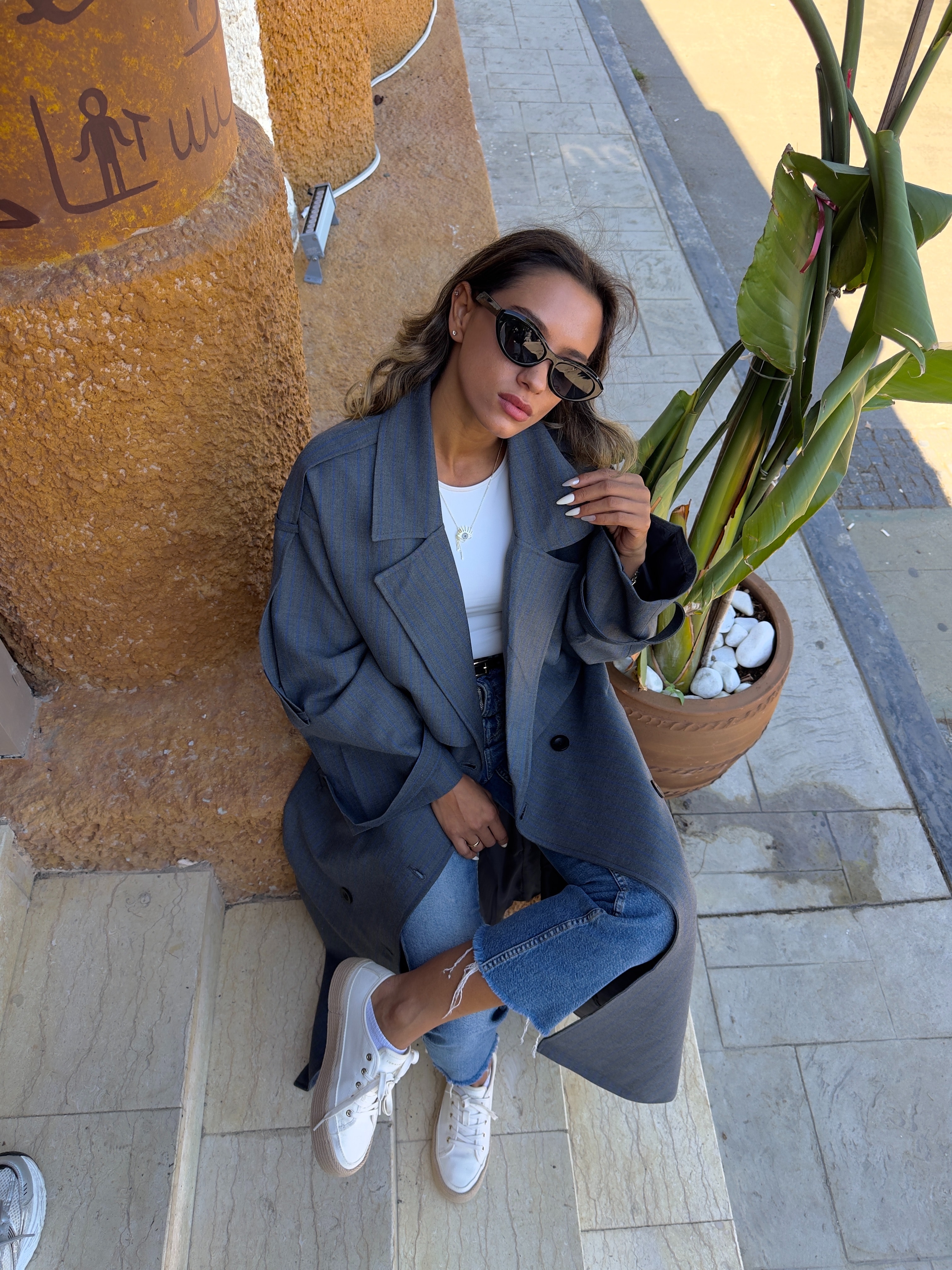 Çizgili Oversize Trençkot