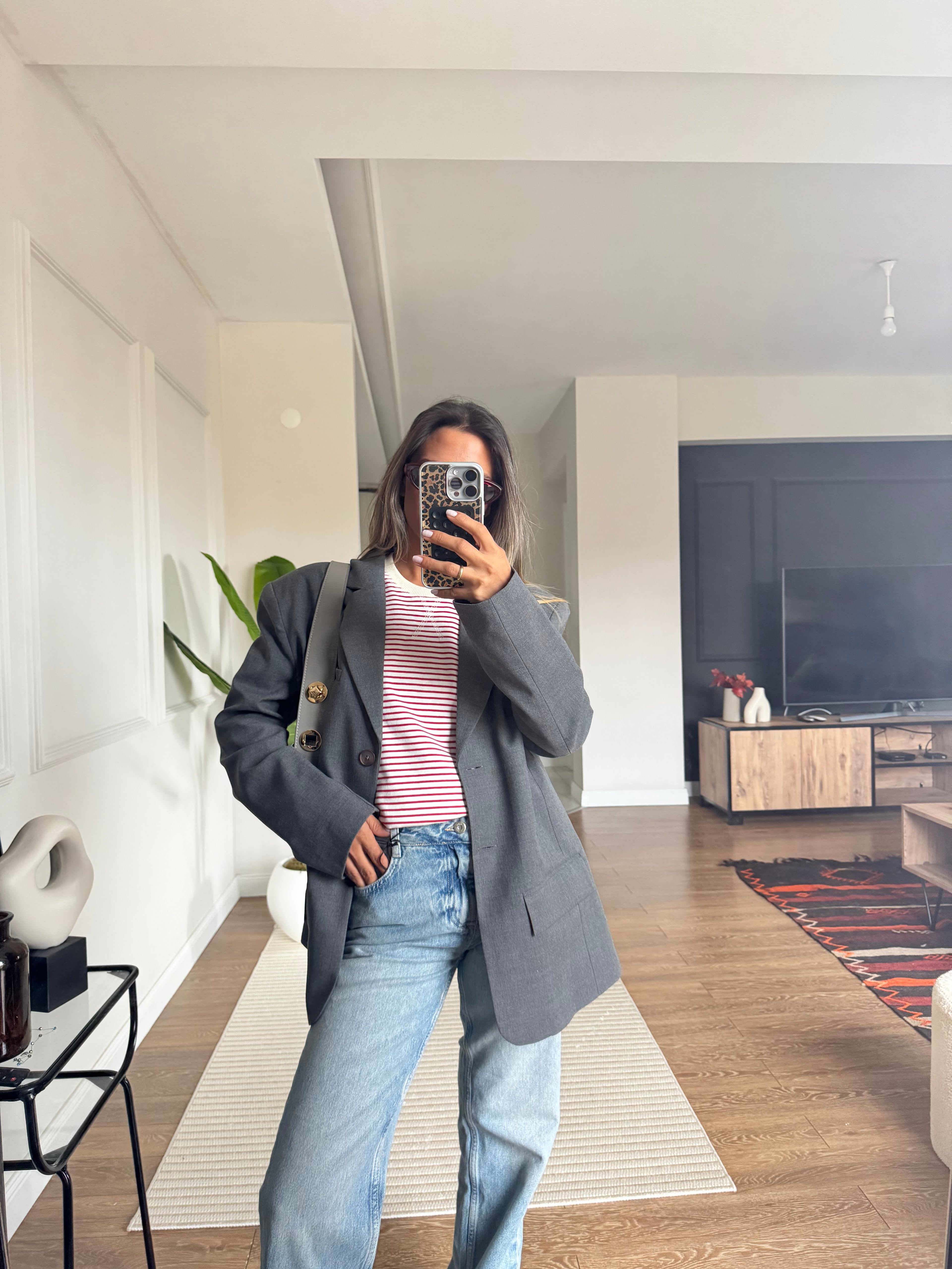Çizgili T-Shirt & Blazer Ceket ve Jean Kombini