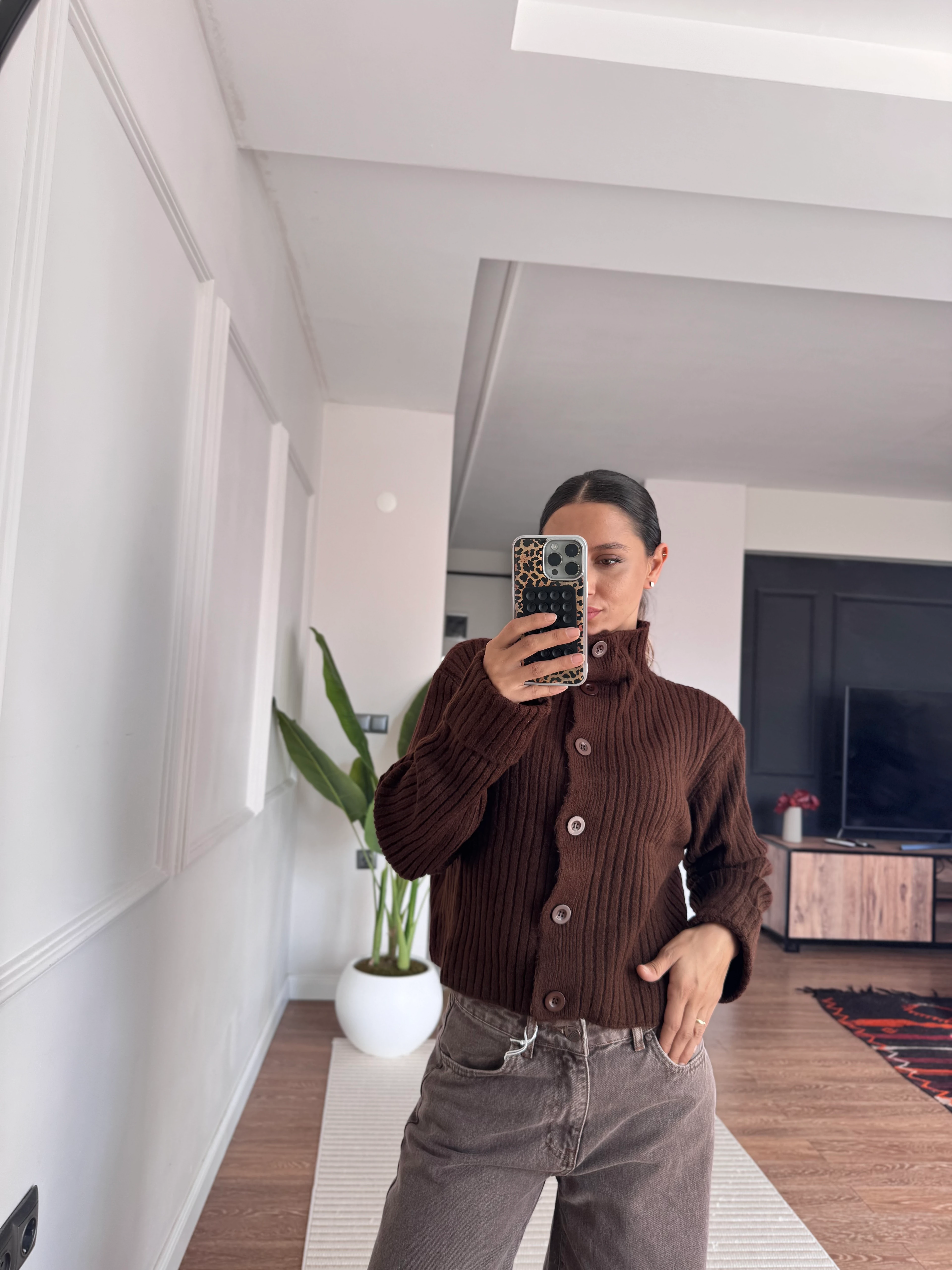 Crop Fitilli Hırka  - Kahve