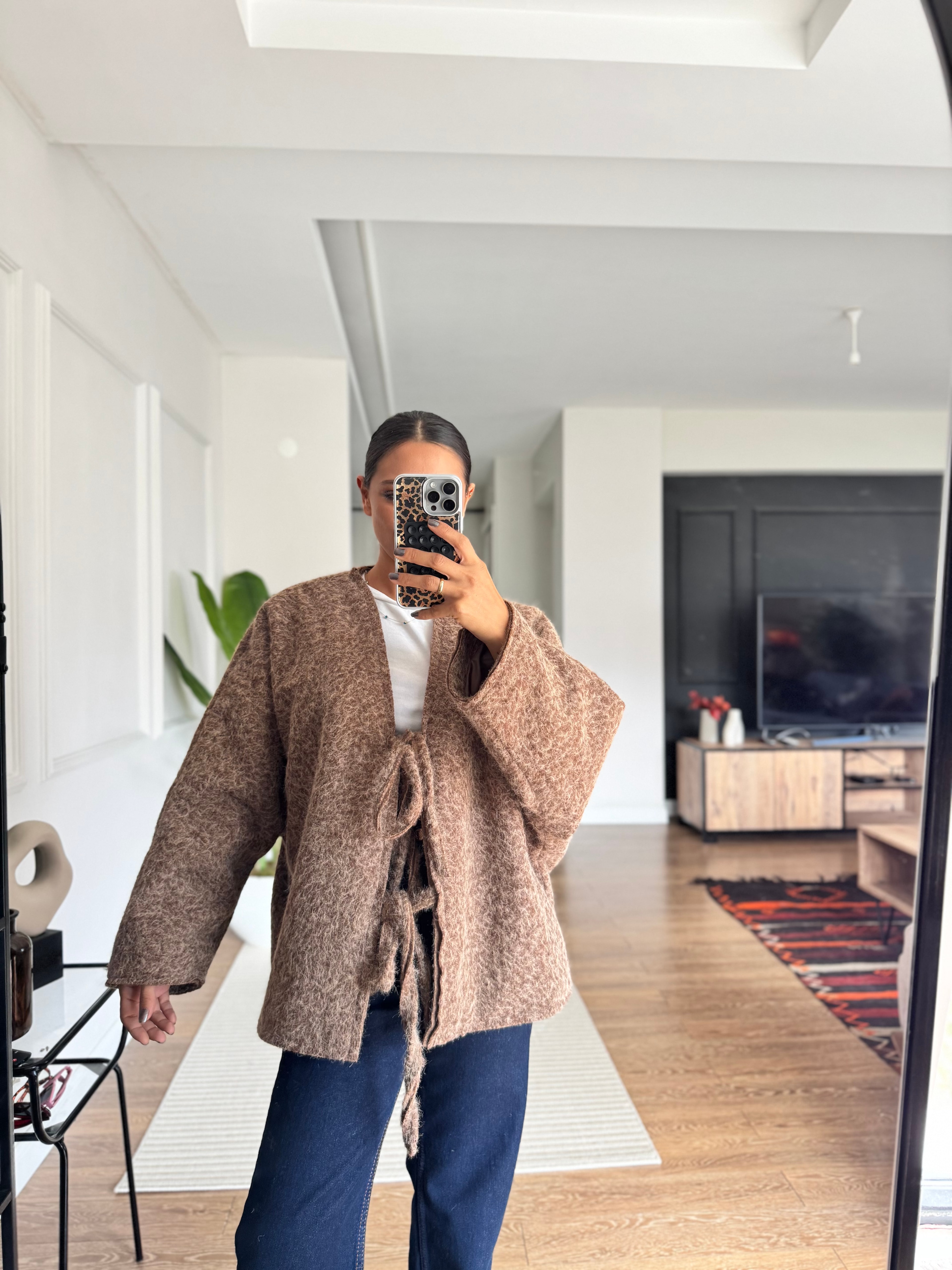 Oversize Bağcık Detaylı Sakallı Ceket - Kahverengi