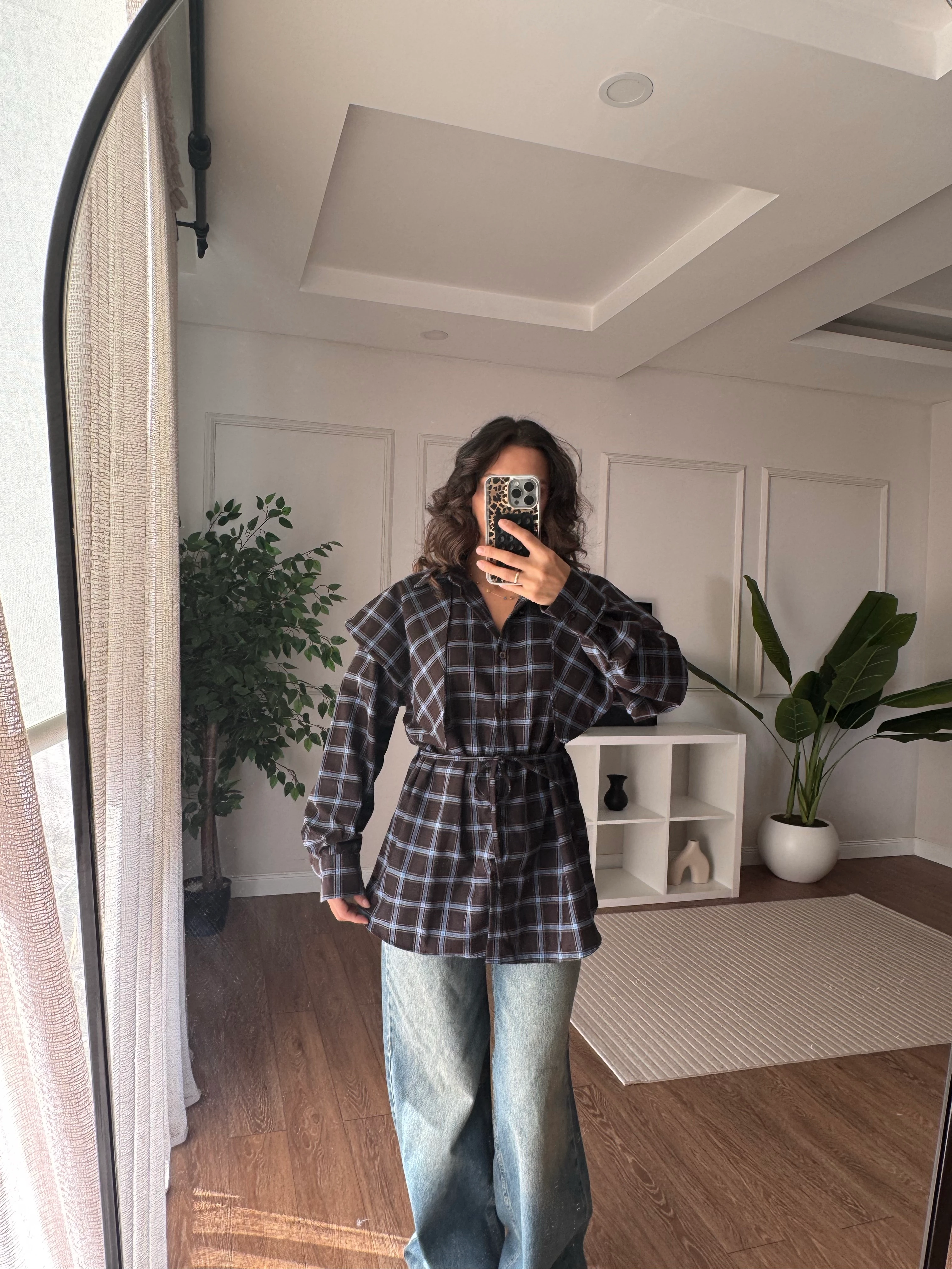 Zra Fularlı Ekose Gömlek Mavi Geçişli