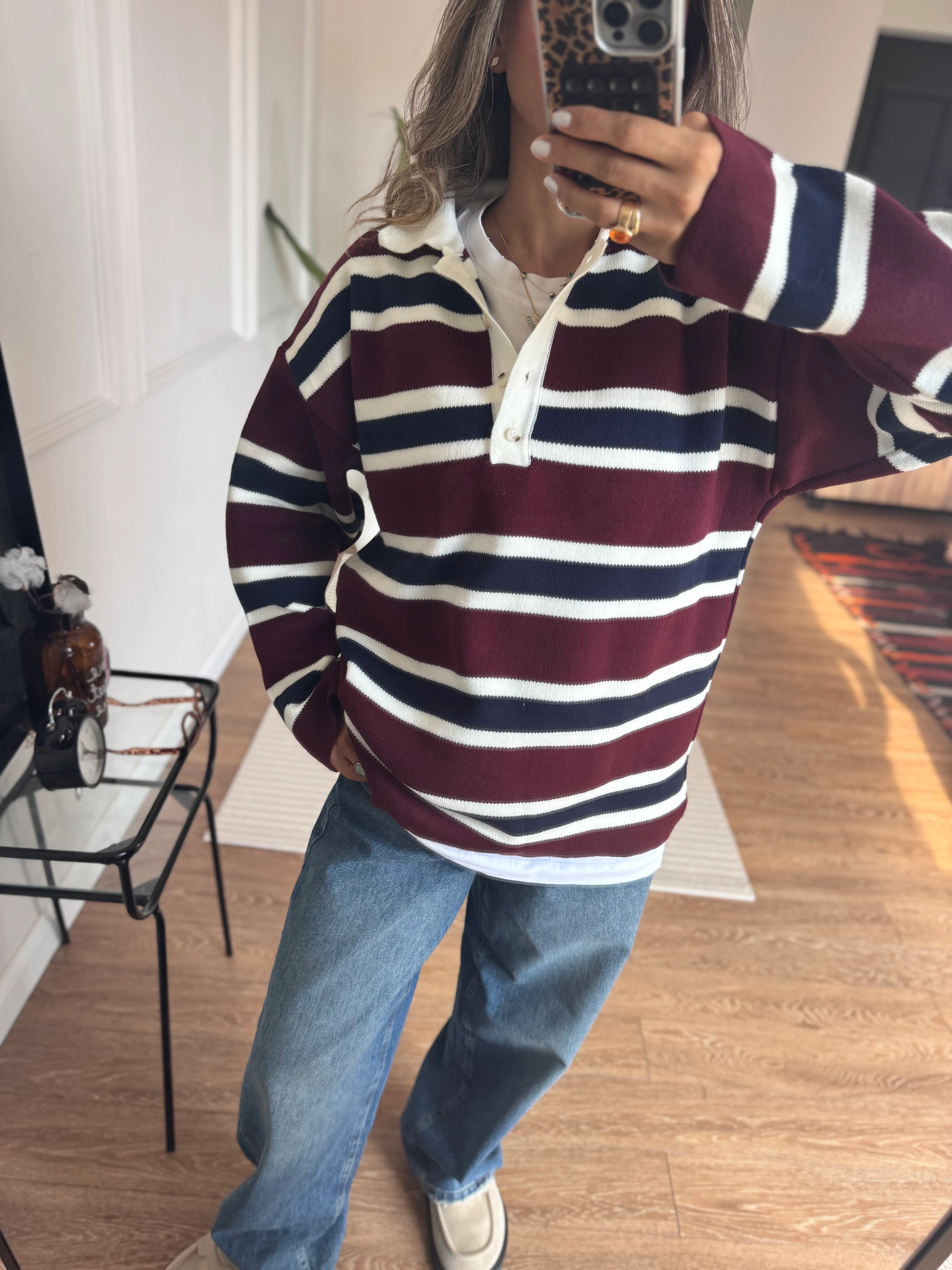 Düğmeli Oversize Çizgili Kazak