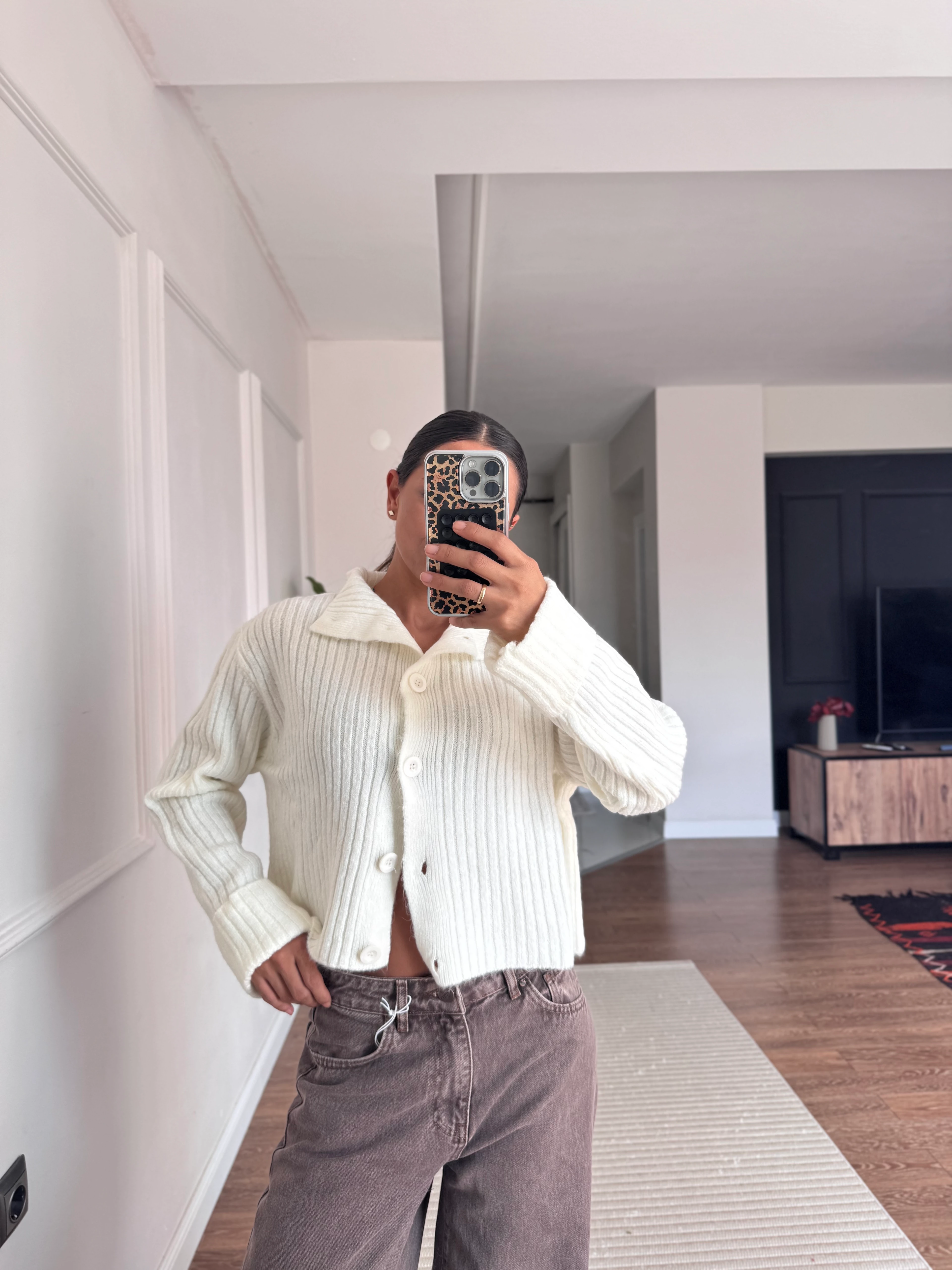 Crop Fitilli Hırka  - Ekru