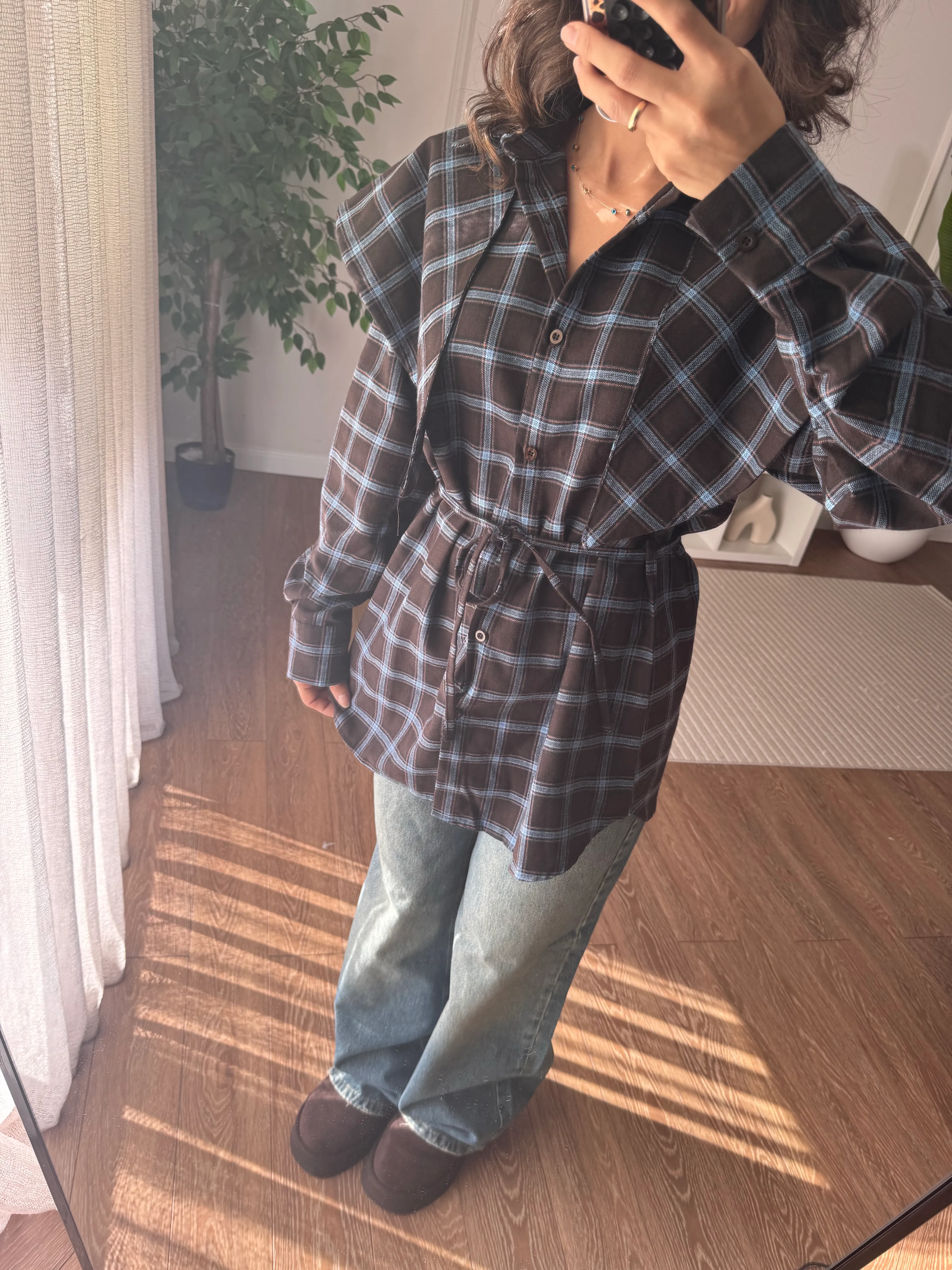 Zra Fularlı Ekose Gömlek Mavi Geçişli