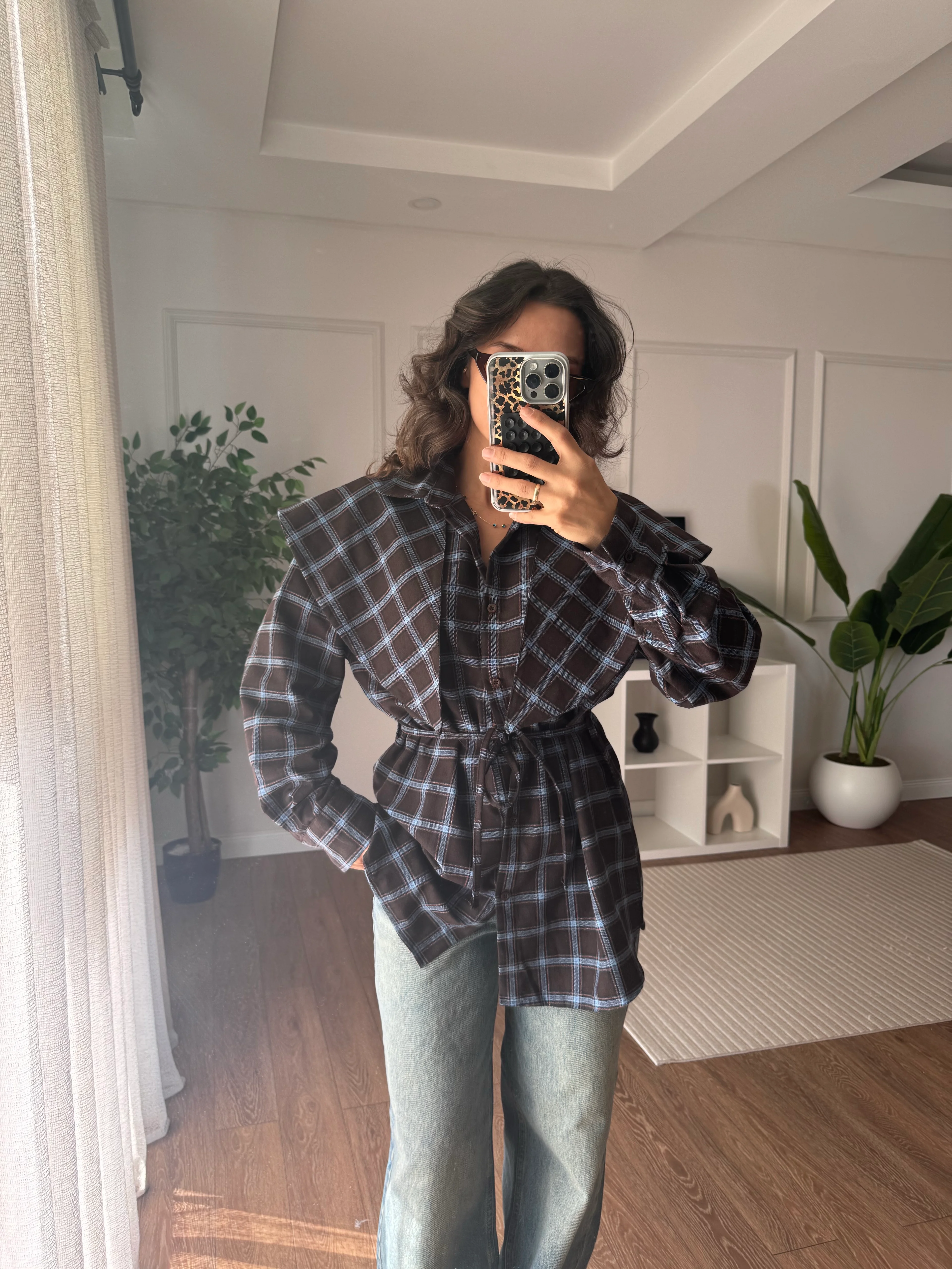 Zra Fularlı Ekose Gömlek Mavi Geçişli