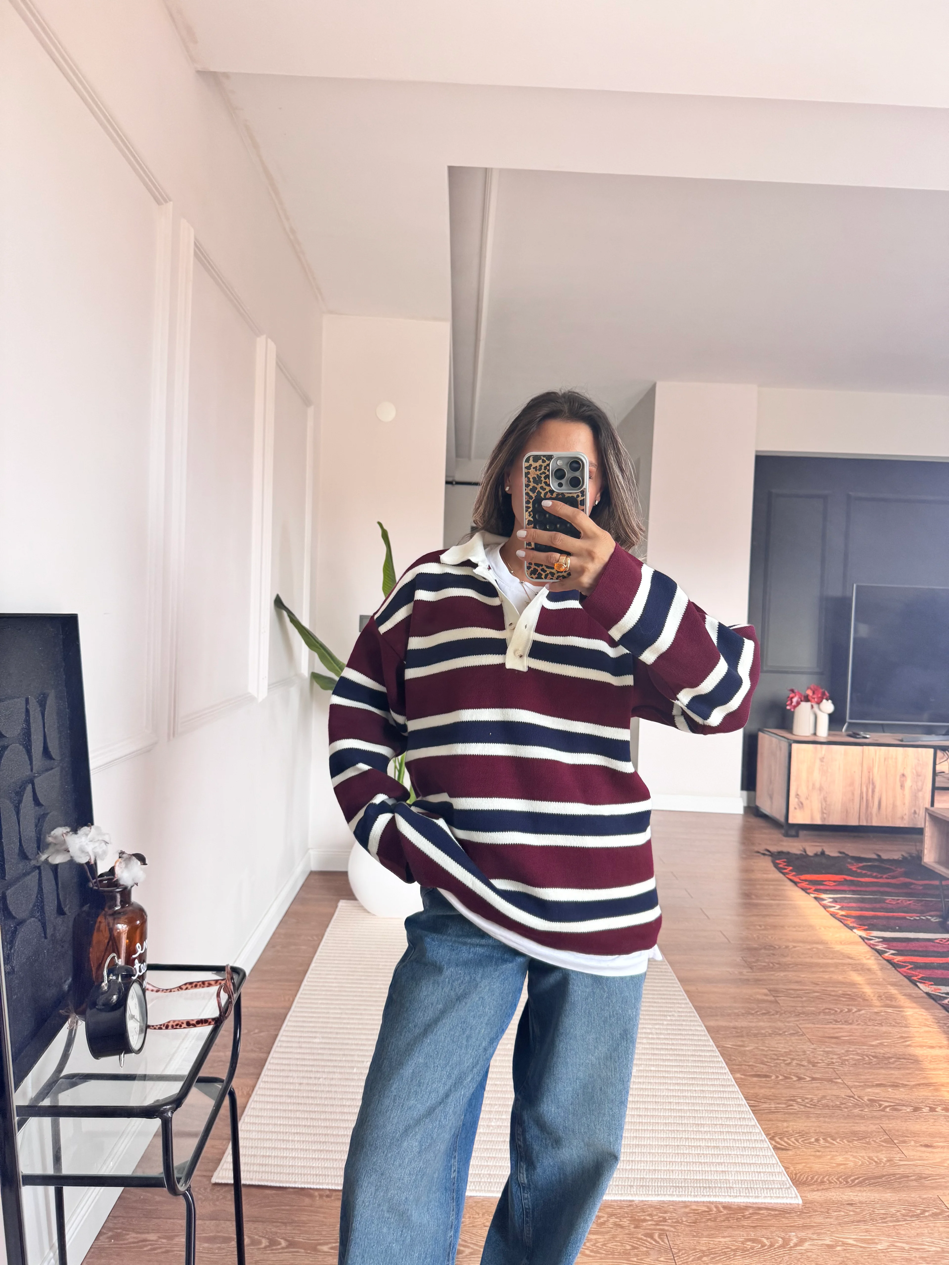 Düğmeli Oversize Çizgili Kazak - Bordo