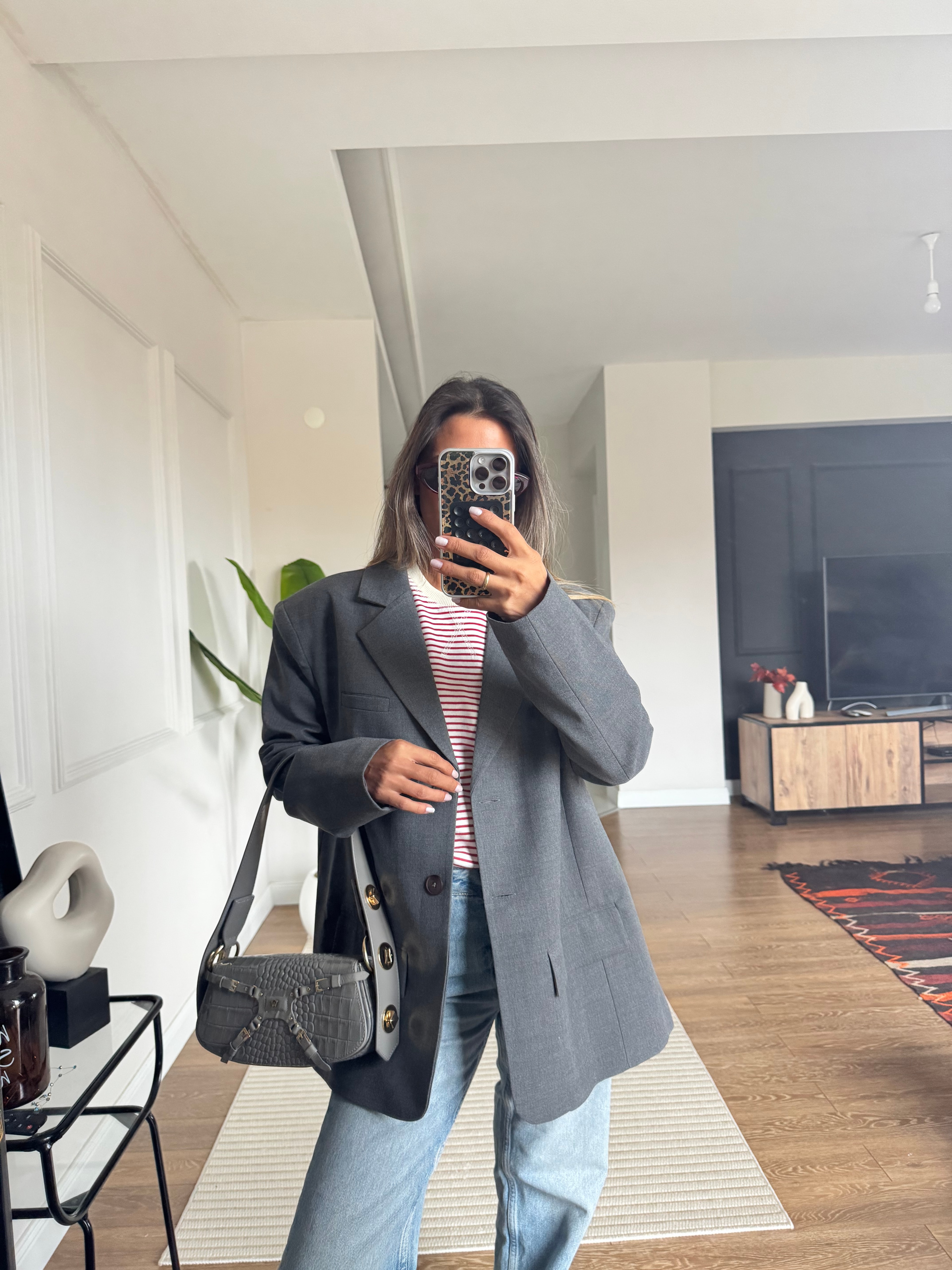 Çizgili T-Shirt & Blazer Ceket ve Jean Kombini